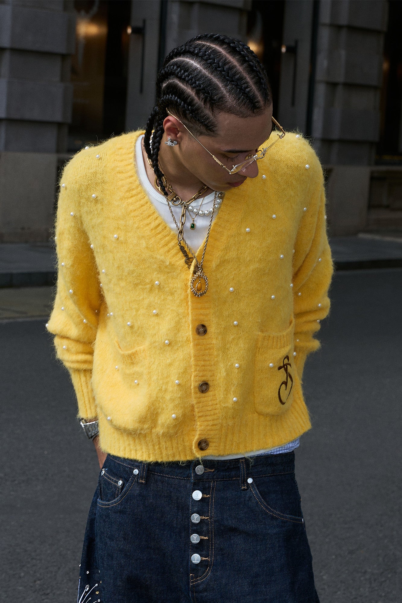 STEEPC Pearl-Studded Contrast Elbow Patch Cardigan