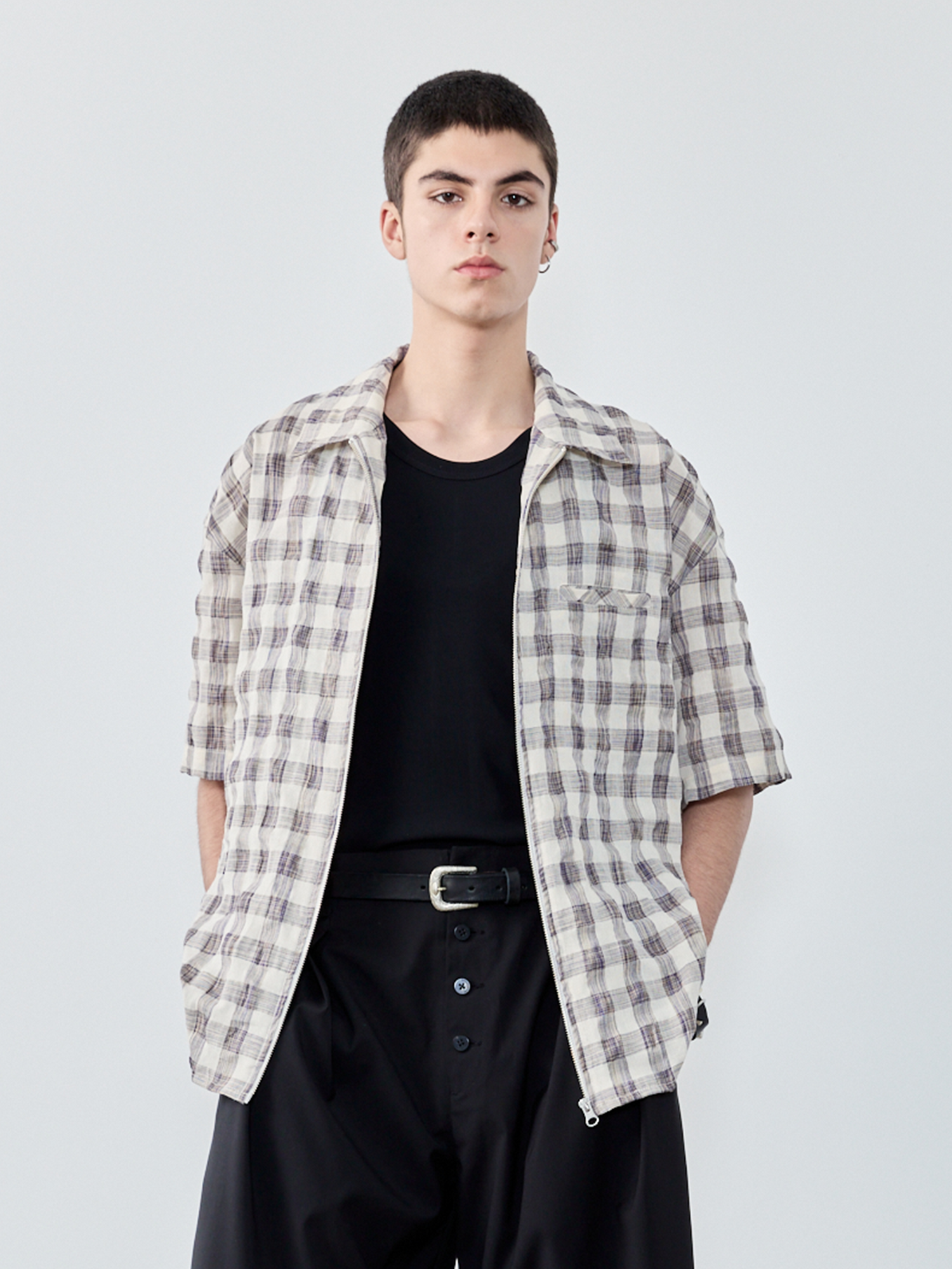 GRAINMUSTARD Retro Plaid Zip Half Shirt, premium urban and streetwear designers apparel on PROJECTISR.com, GRAINMUSTARD