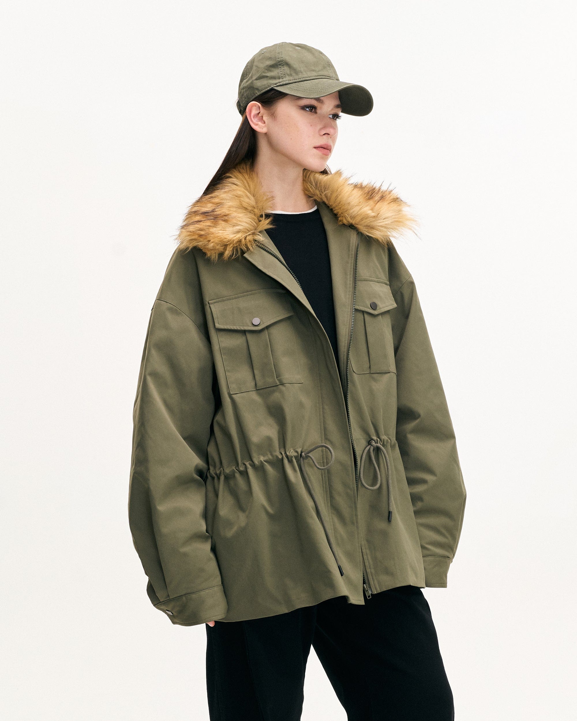 LEONSENSE Classic Detachable Faux-Fur Collar Parka Coat