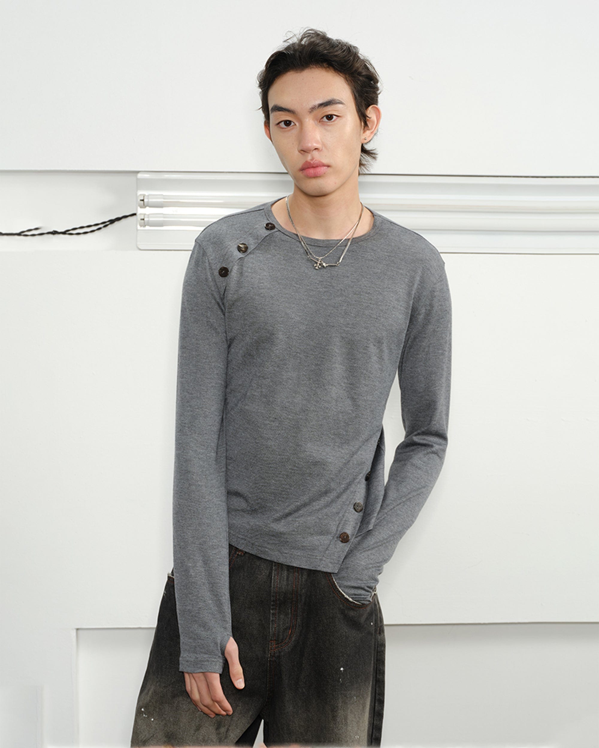 KREATE Deconstructed Asymmetrical Buttoned Long-Sleeve Tee