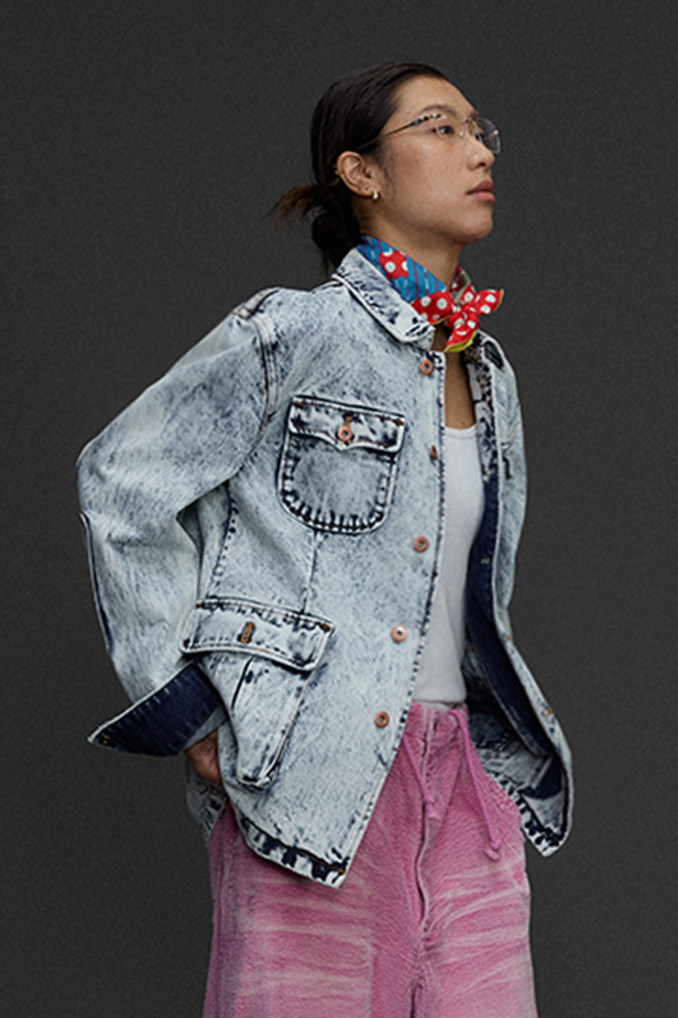 NIANJIUYIKOUER Snow-Washed Stand-Collar Denim Workwear Jacket, premium urban and streetwear designers apparel on PROJECTISR.com, NIANJIUYIKOUER