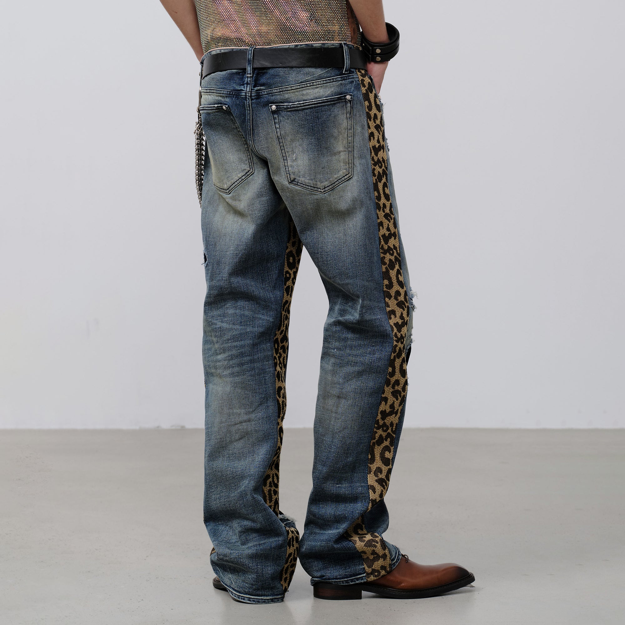 FACEONLAB Leopard Panel Distressed Straight-Leg Jeans