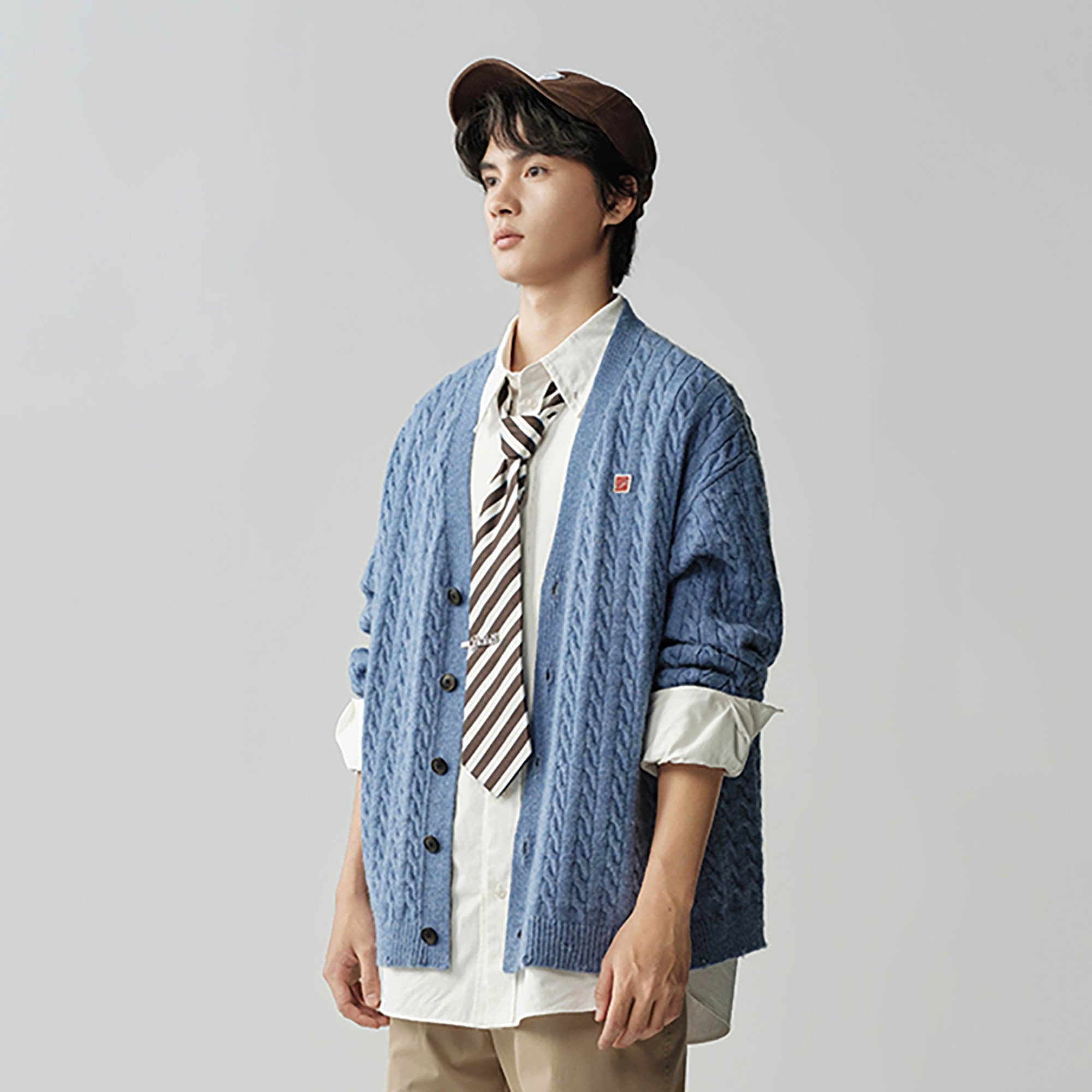 OPICLOTH Cable-Knit V-Neck Button-Up Cardigan