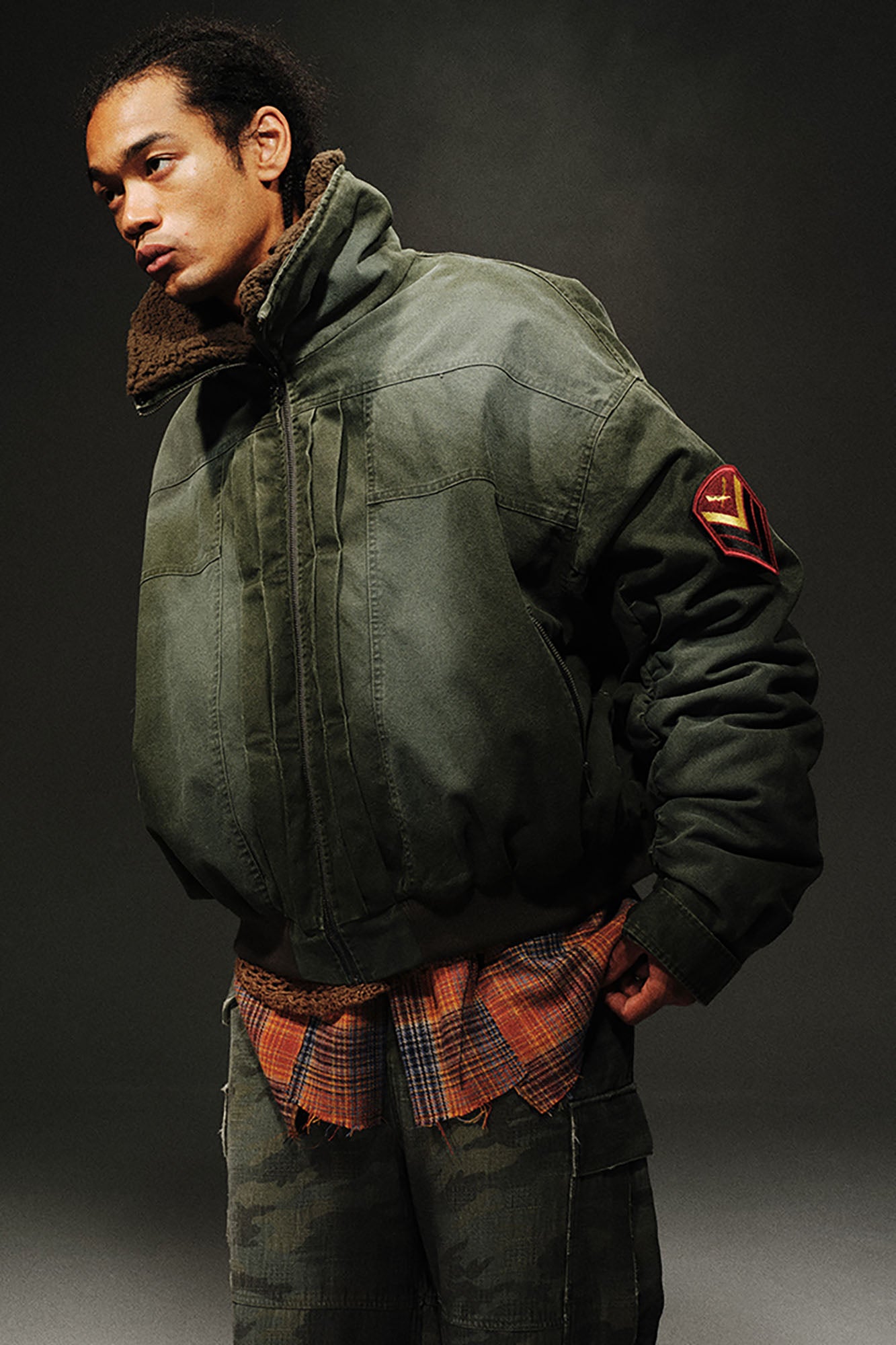 TRECLUB Distressed Patch Quilted Bomber