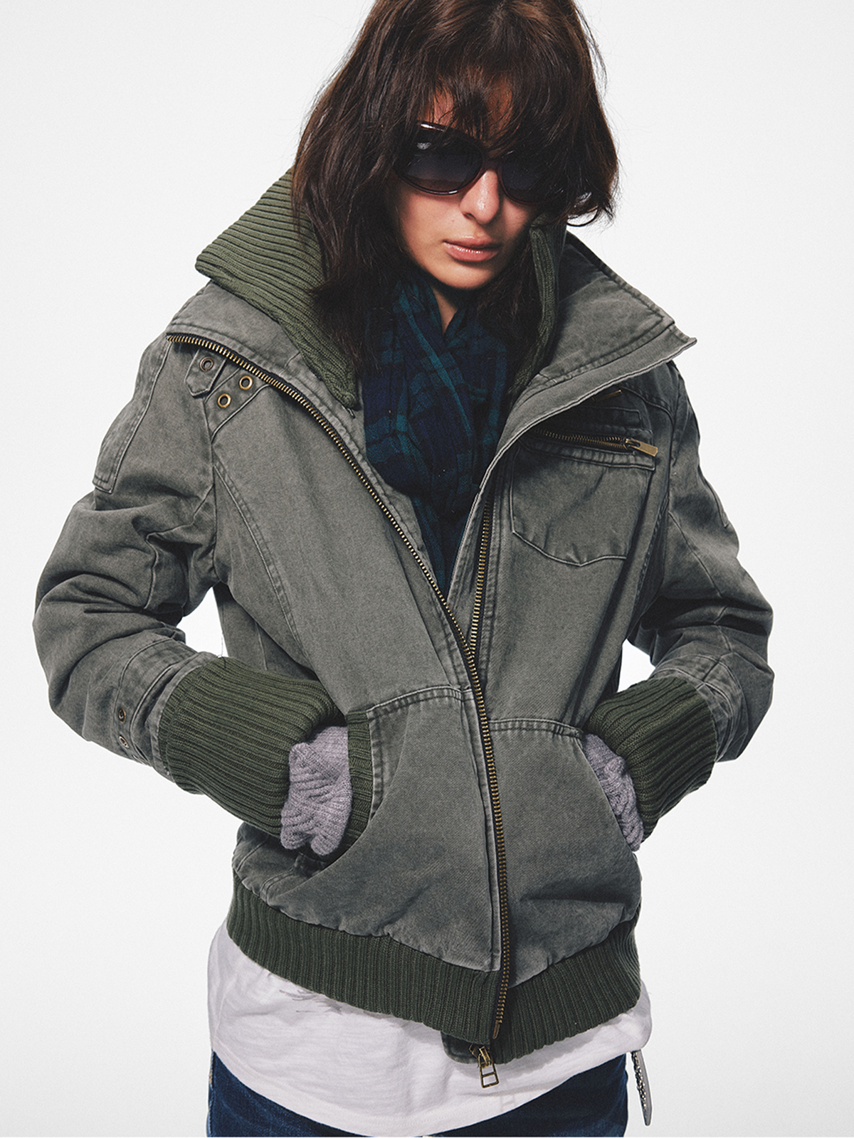 TRECLUB Retro Punk Washed Cross Eyelet Ribbed Collar Padded Jacket, premium urban and streetwear designers apparel on PROJECTISR.com, TRECLUB