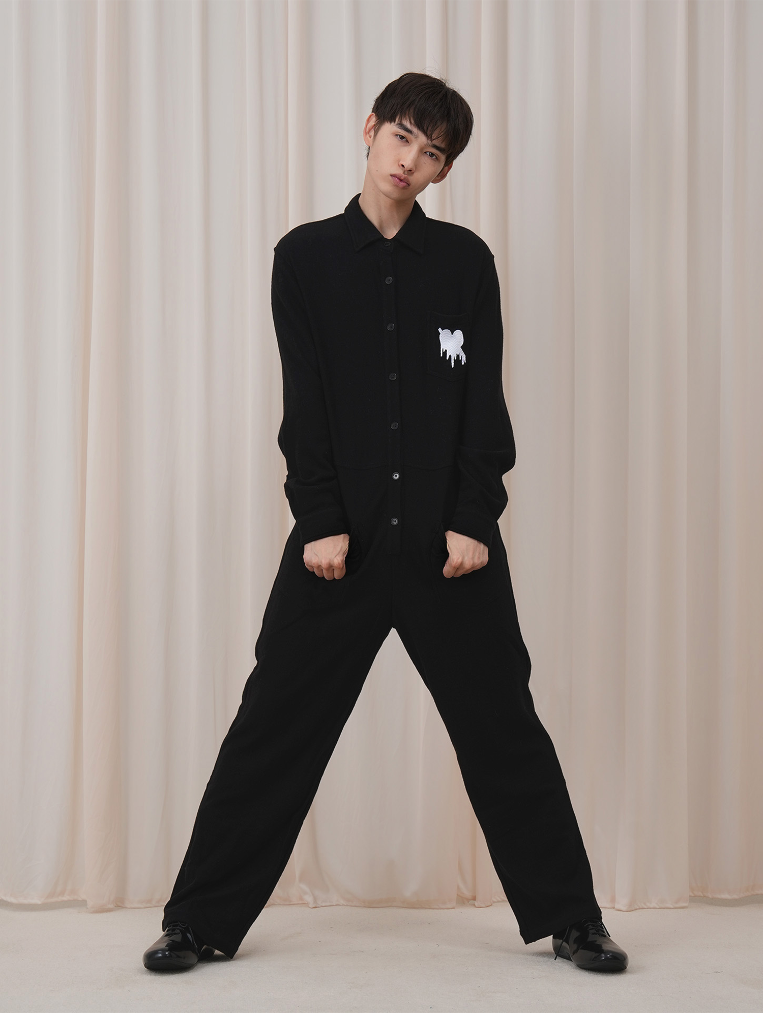 OUYANG WENJUN Wool Fluid-Heart Embroidered Jumpsuit