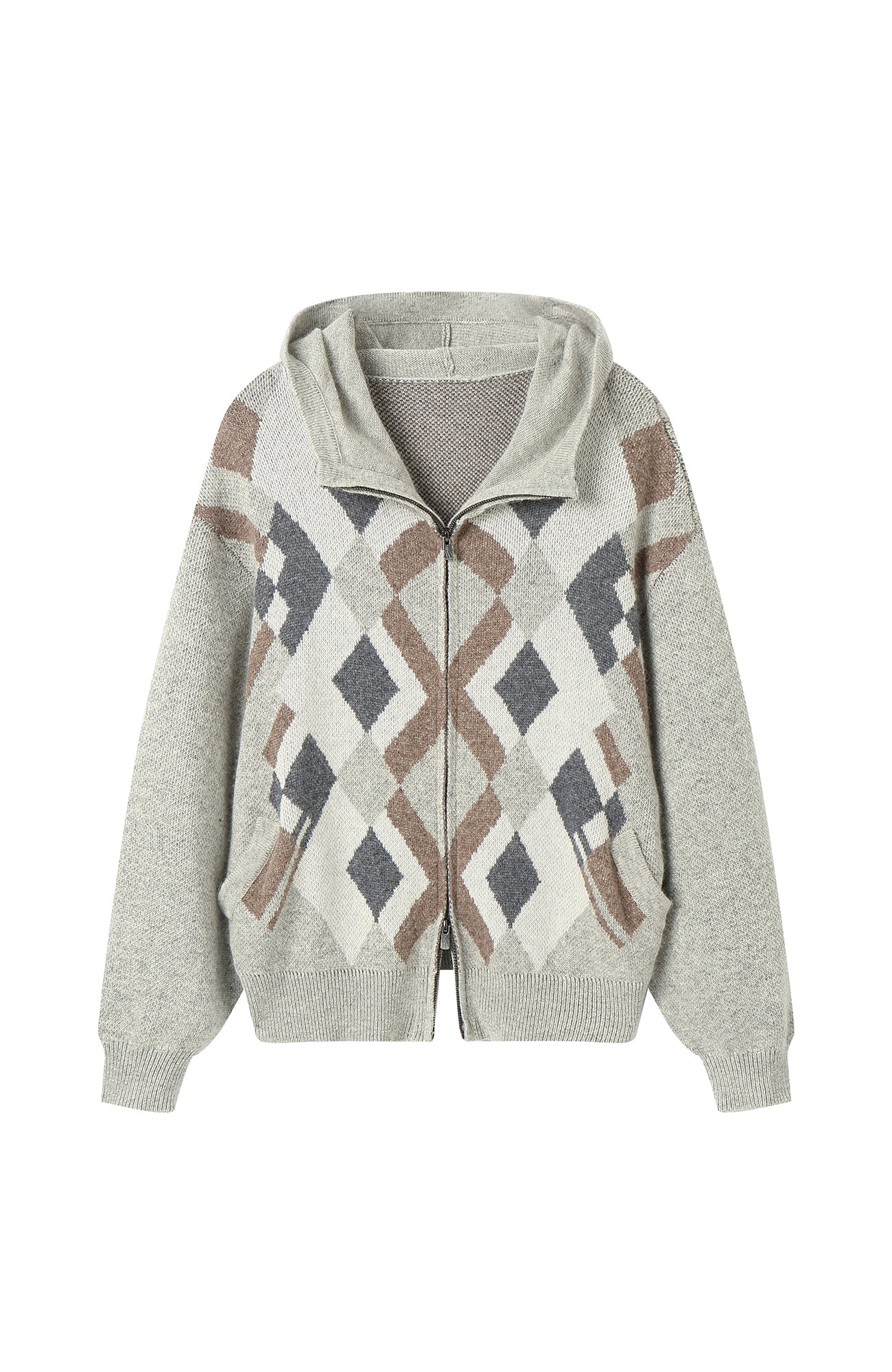 MOITIEDEPETALE Argyle Dual Zip Hooded Cardigan