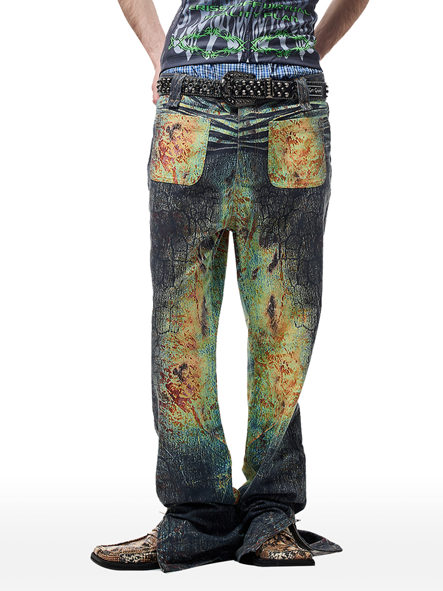 CYCYCY Iridescent Croc Full-Print Slim Flared Jeans