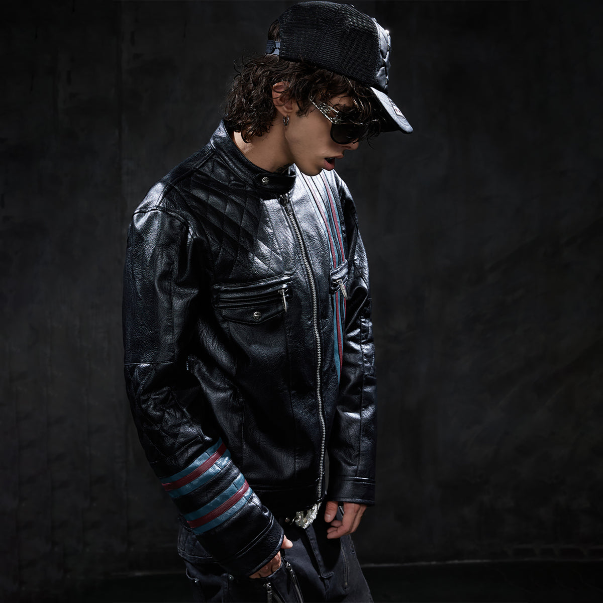 DND4DES Retro Quilted Patchwork Colorblock Biker Jacket