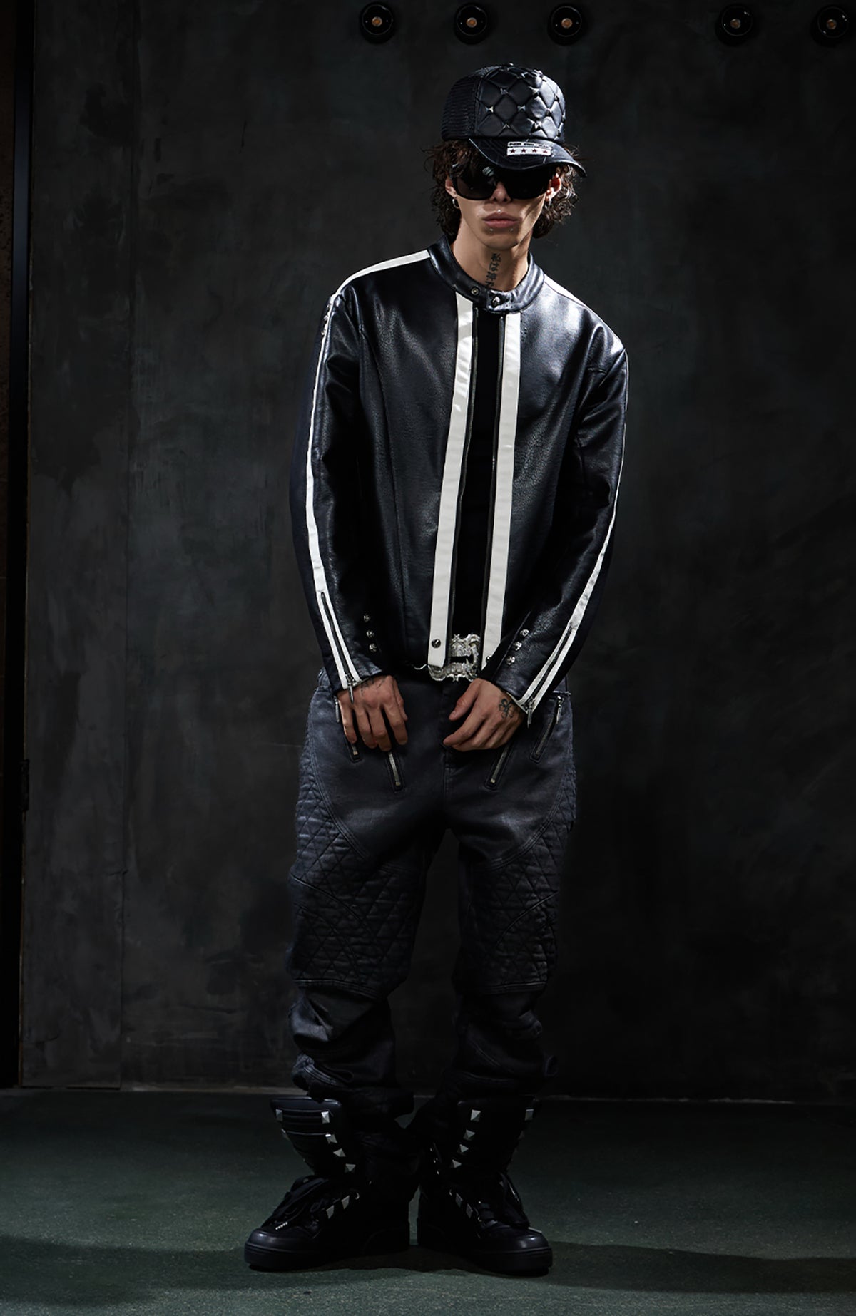 DND4DES Retro Spliced Stripe Biker Jacket
