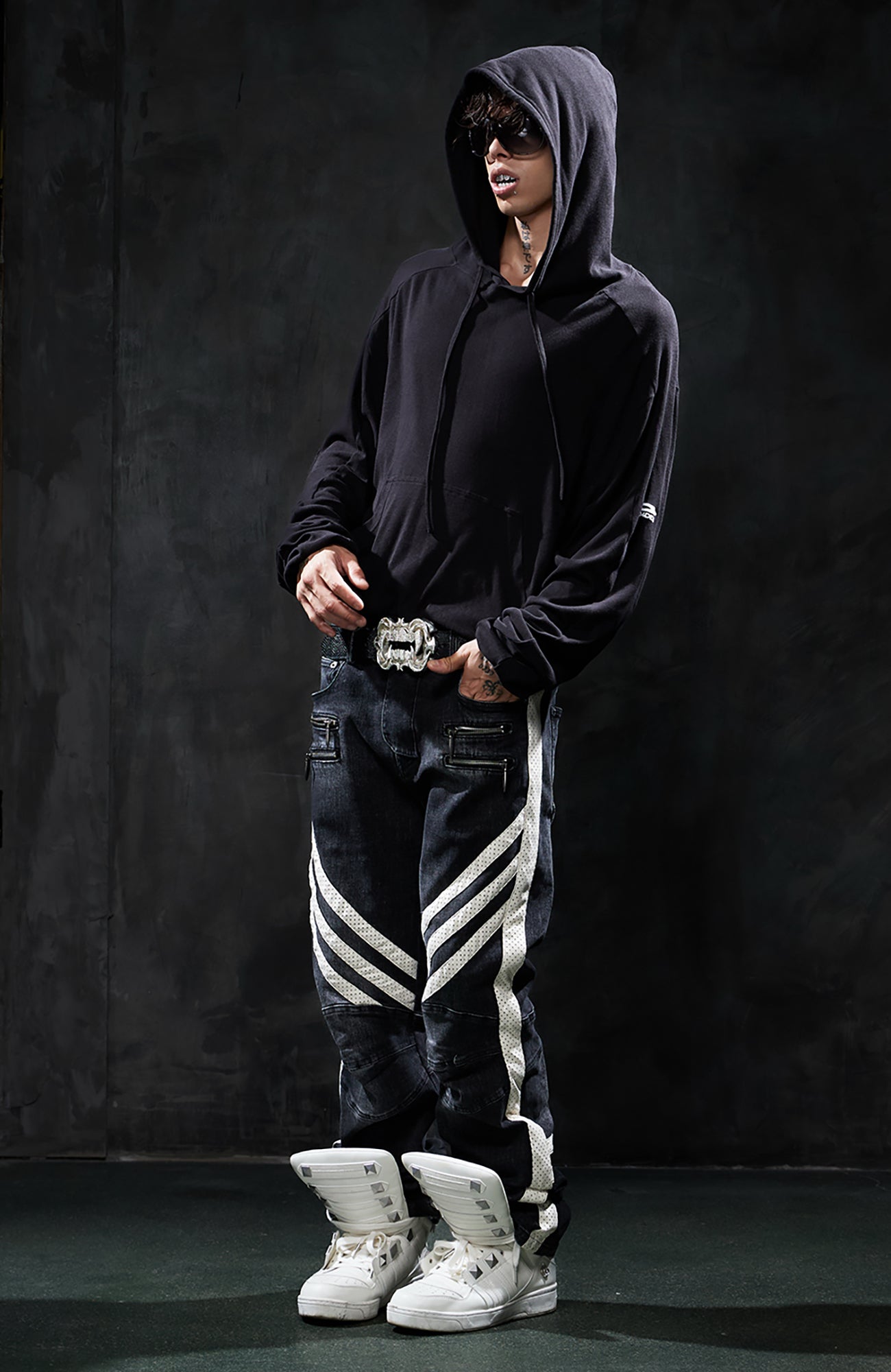 DND4DES Retro Washed Spliced Slim Moto Jeans