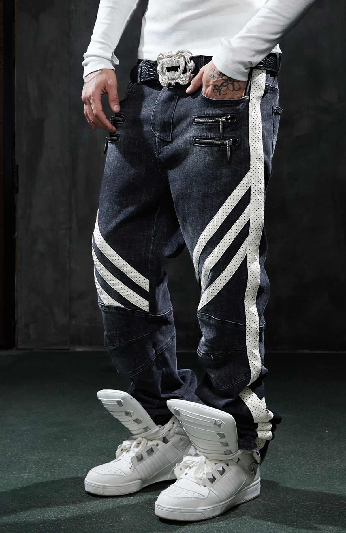 DND4DES Retro Washed Spliced Slim Moto Jeans