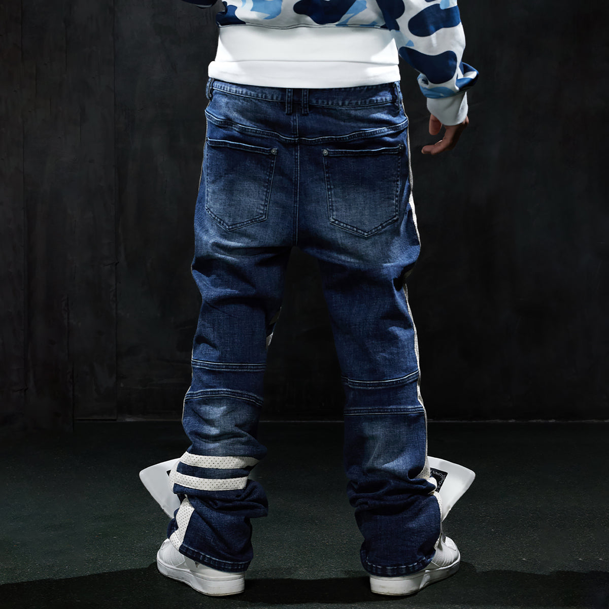 DND4DES Retro Washed Spliced Slim Moto Jeans