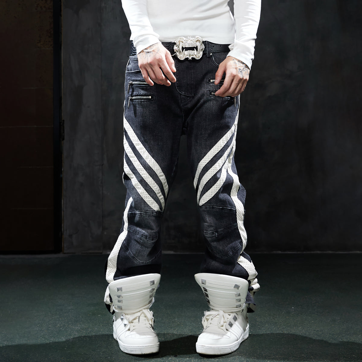 DND4DES Retro Washed Spliced Slim Moto Jeans
