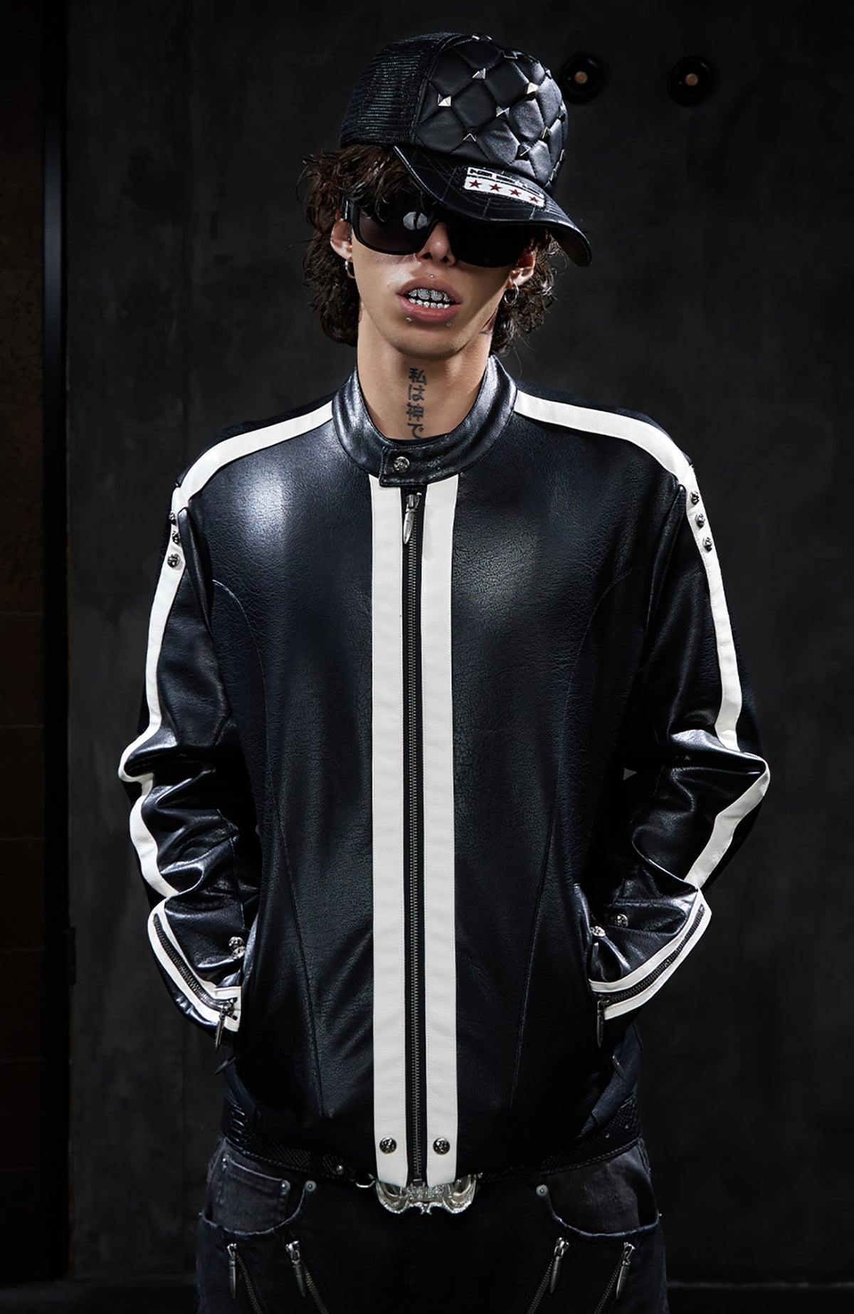 DND4DES Retro Spliced Stripe Biker Jacket
