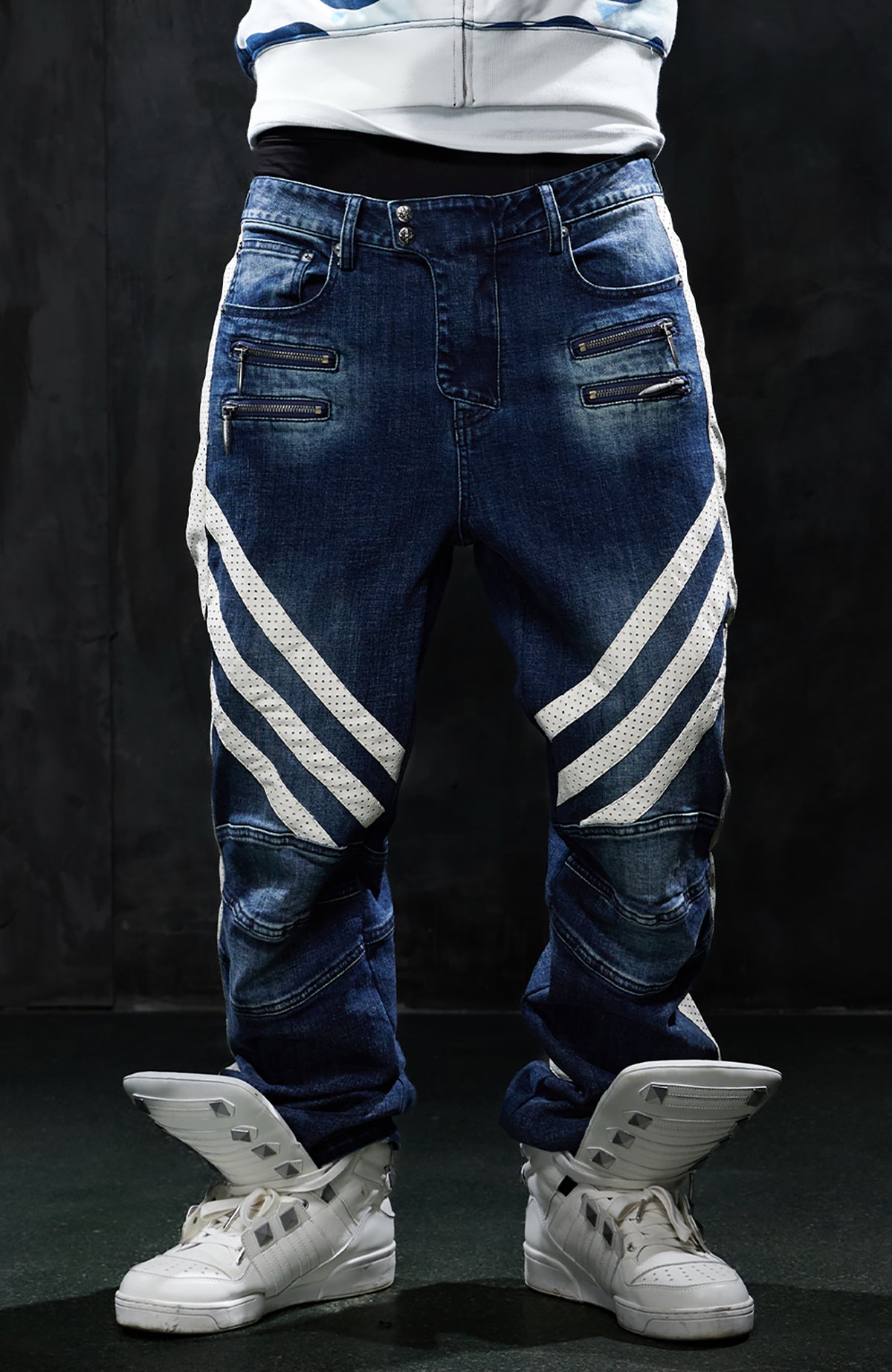 DND4DES Retro Washed Spliced Slim Moto Jeans