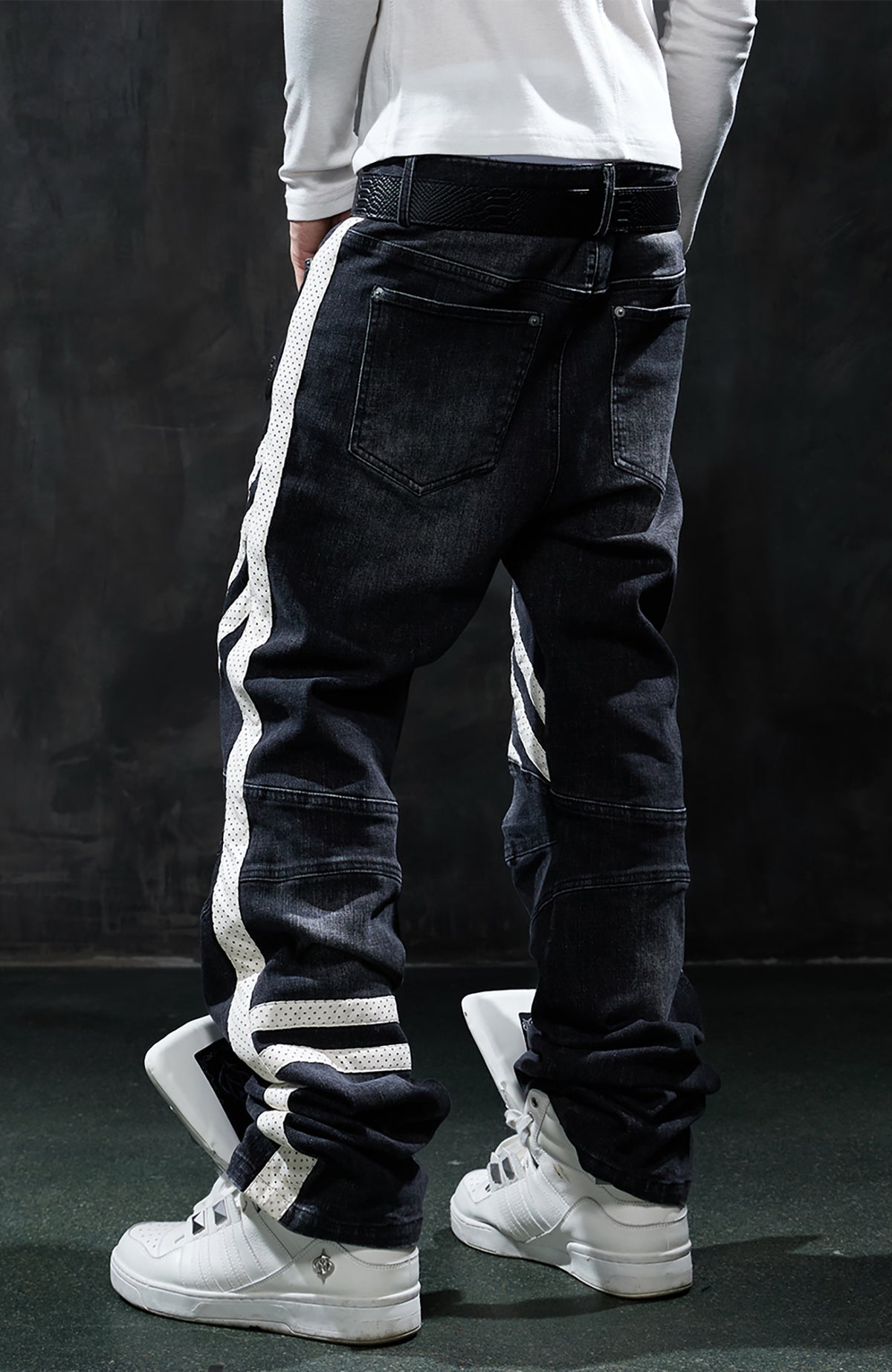 DND4DES Retro Washed Spliced Slim Moto Jeans