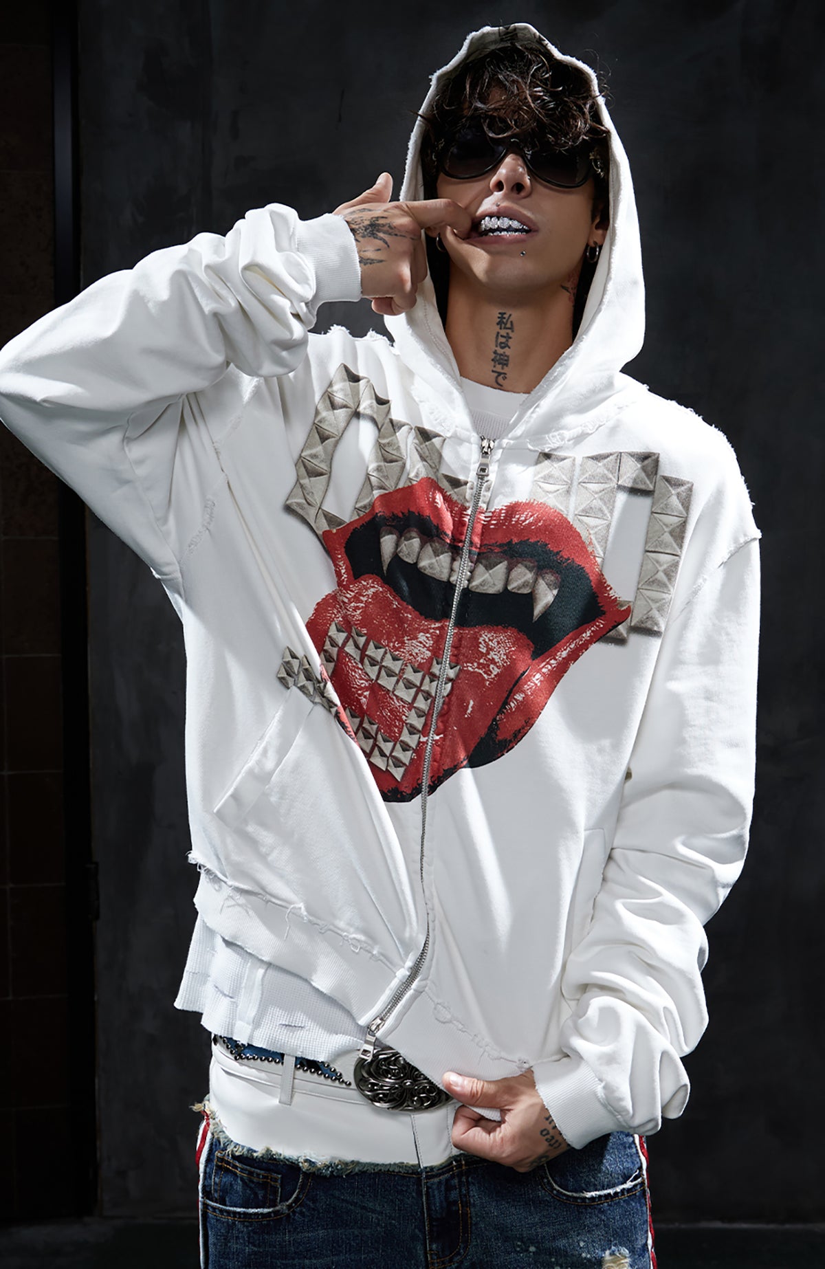 DND4DES Studded Graphic Zip-Up Hoodie