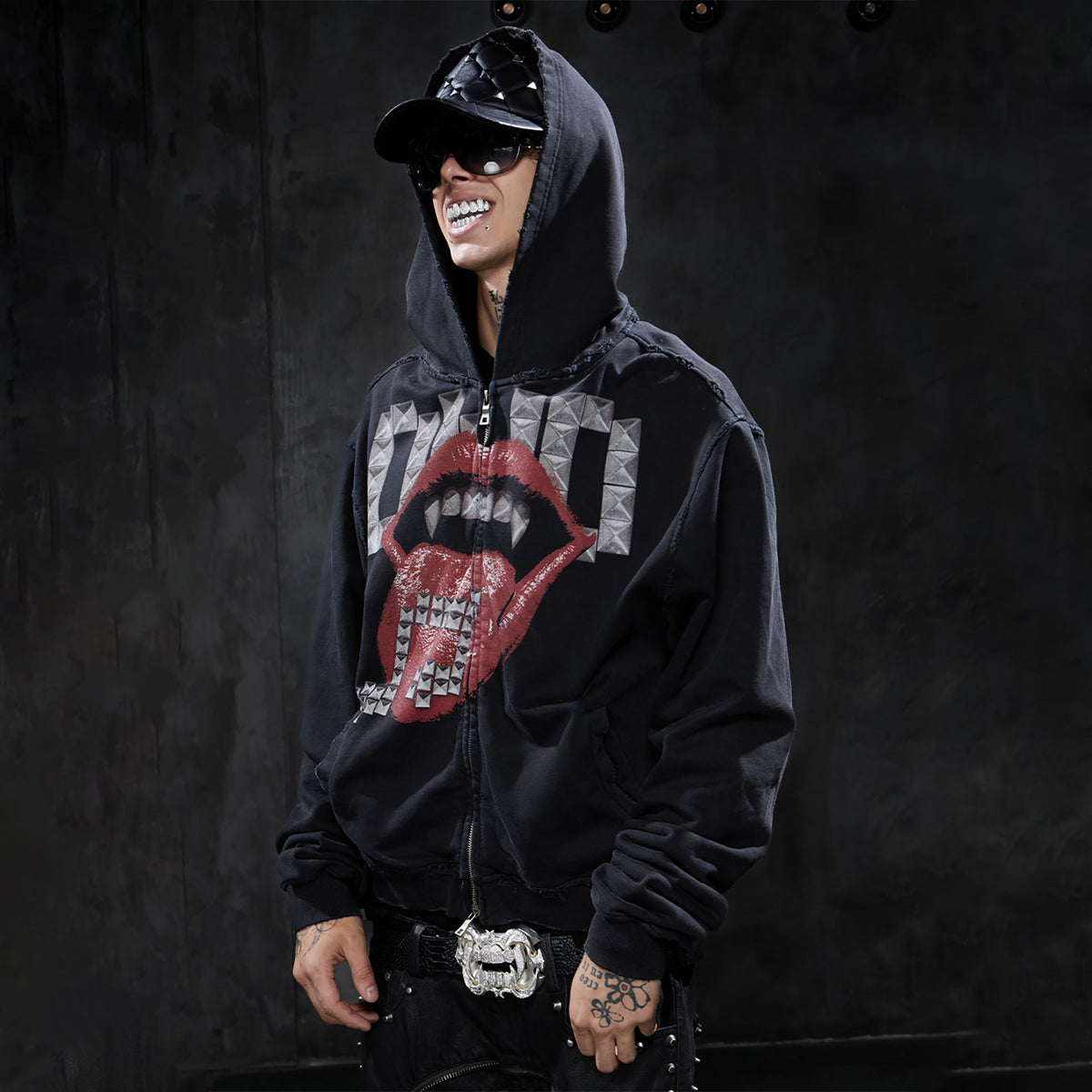 DND4DES Studded Graphic Zip-Up Hoodie