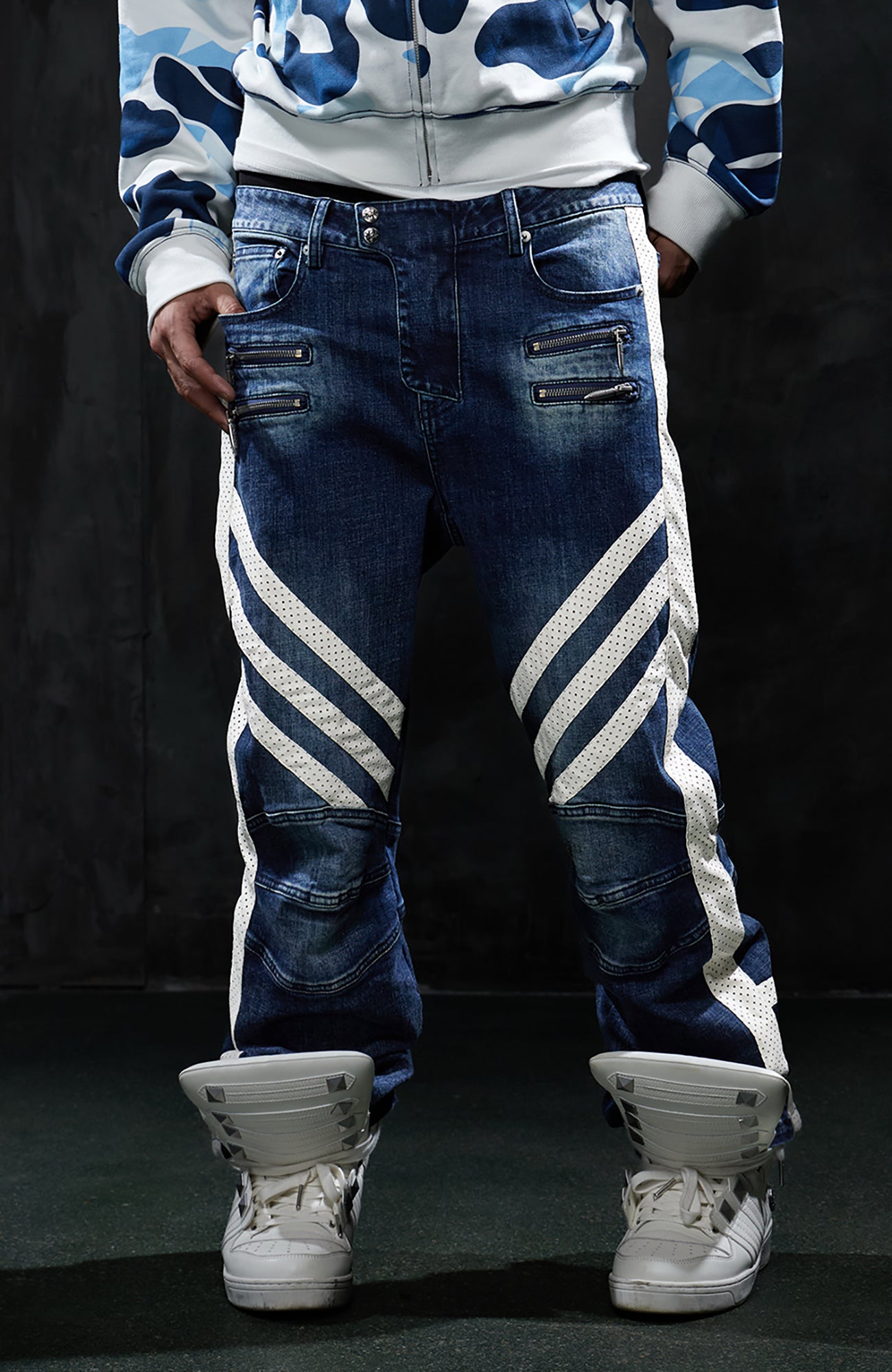 DND4DES Retro Washed Spliced Slim Moto Jeans
