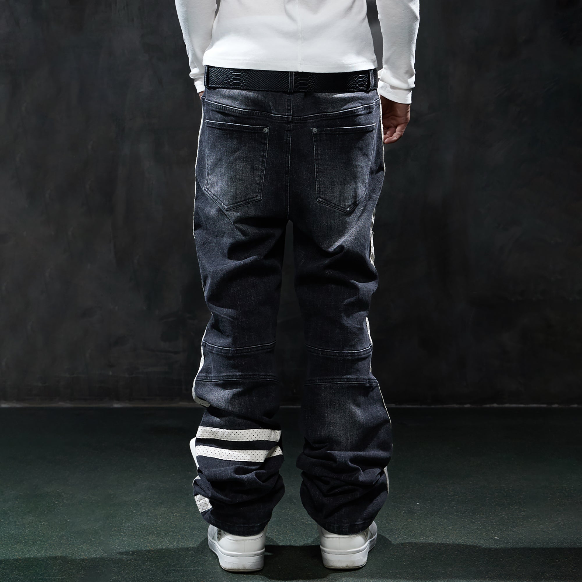 DND4DES Retro Washed Spliced Slim Moto Jeans