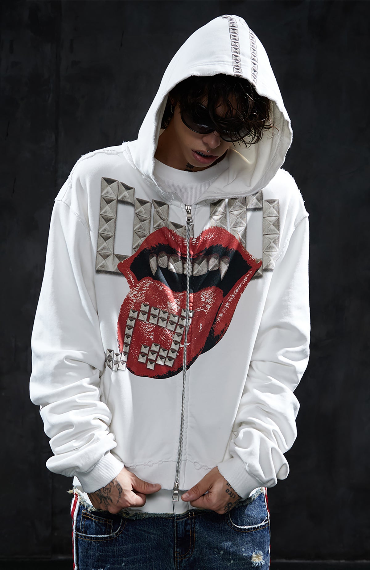 DND4DES Studded Graphic Zip-Up Hoodie