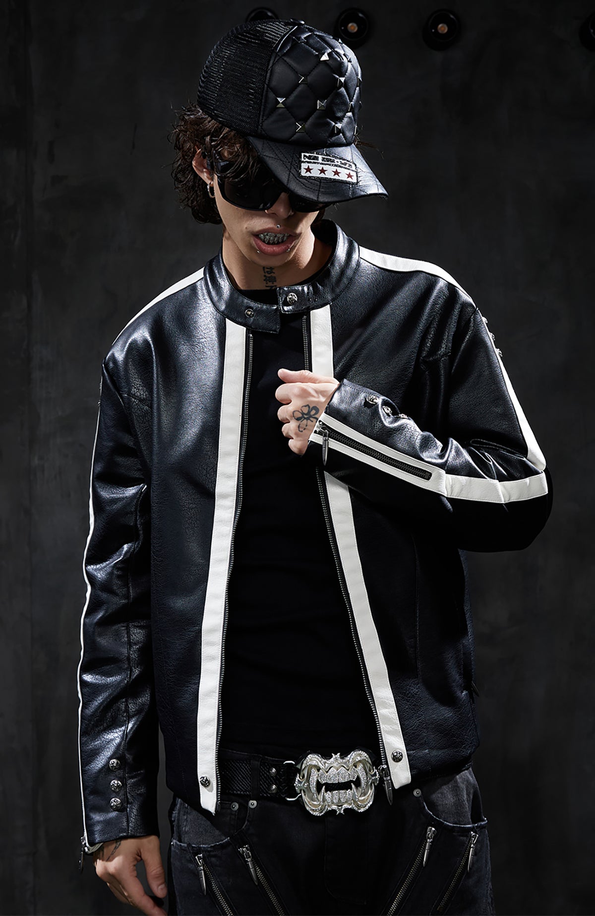 DND4DES Retro Spliced Stripe Biker Jacket