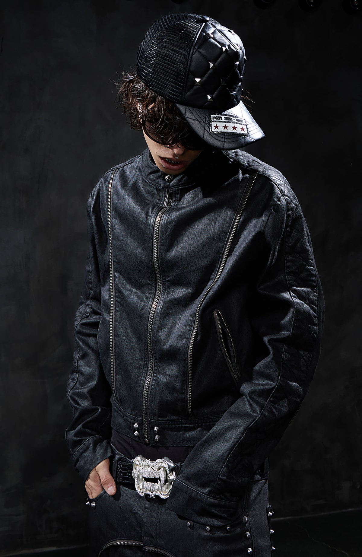 DND4DES Studded Wax-Brushed Zip-Up Denim Jacket