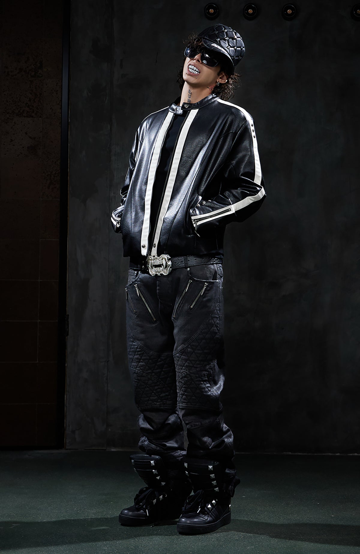DND4DES Retro Spliced Stripe Biker Jacket