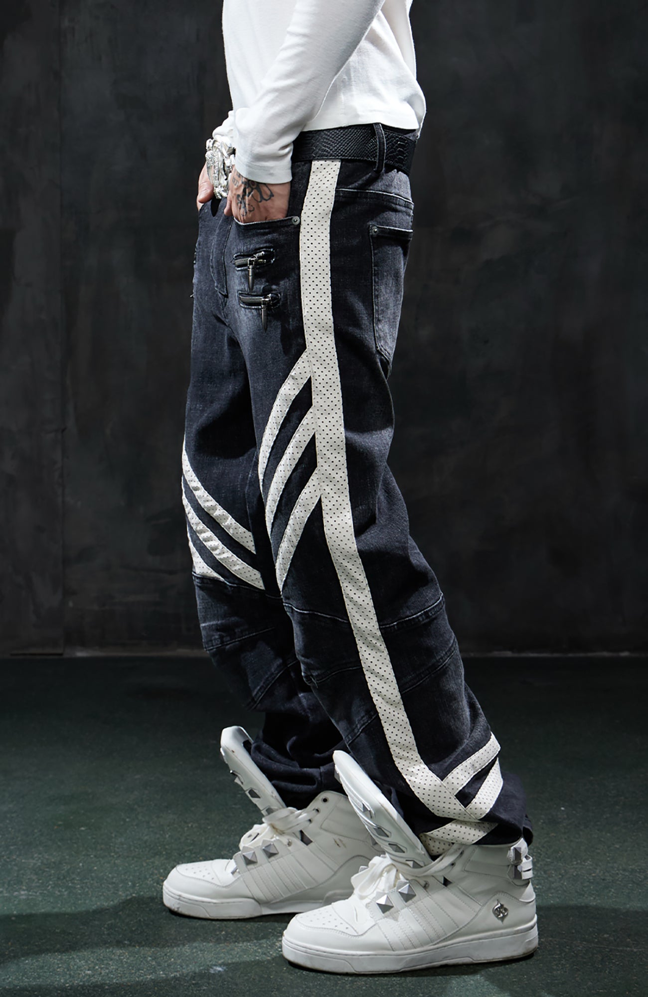 DND4DES Retro Washed Spliced Slim Moto Jeans