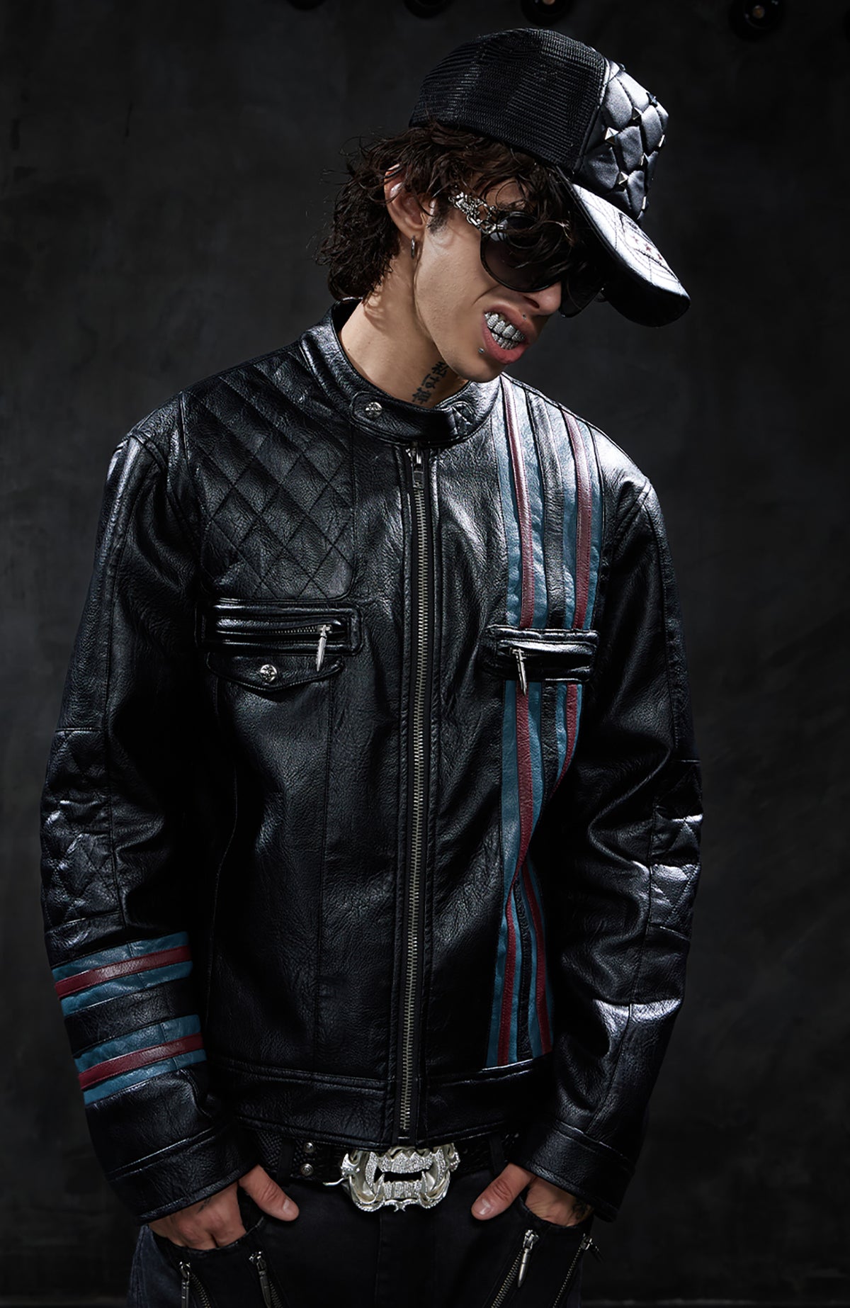 DND4DES Retro Quilted Patchwork Colorblock Biker Jacket