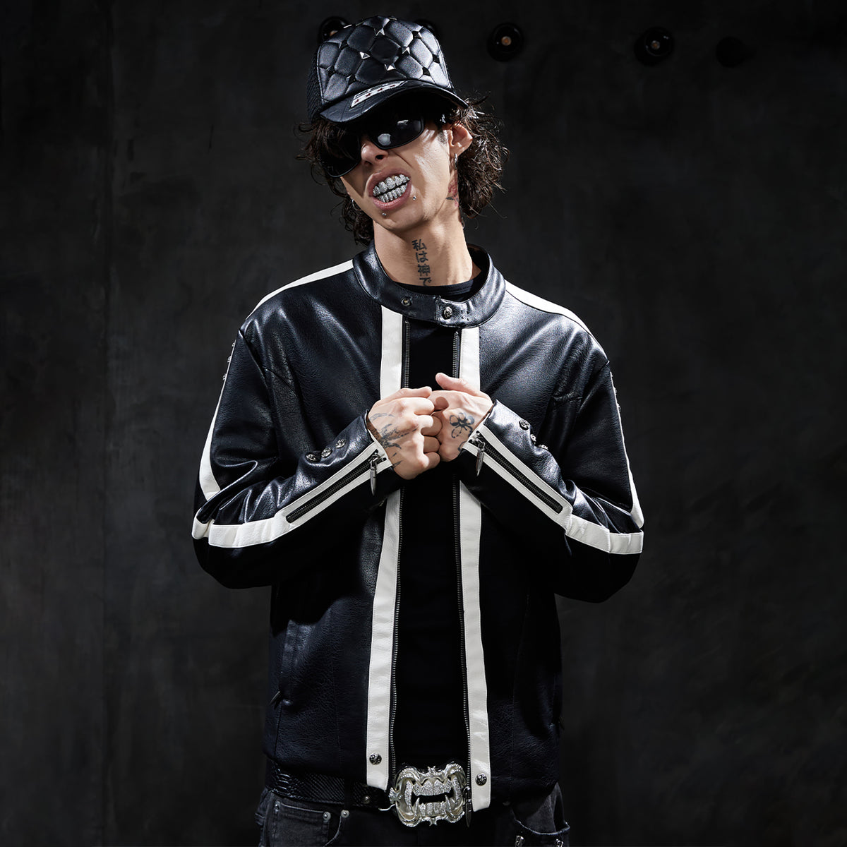 DND4DES Retro Spliced Stripe Biker Jacket