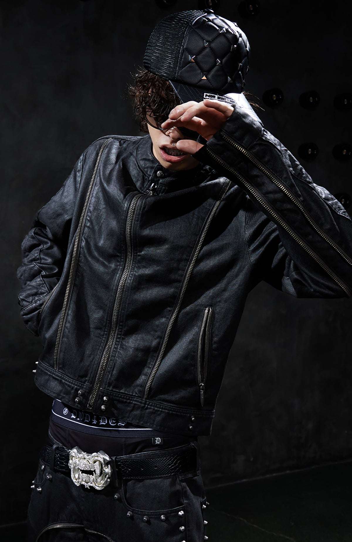 DND4DES Studded Wax-Brushed Zip-Up Denim Jacket