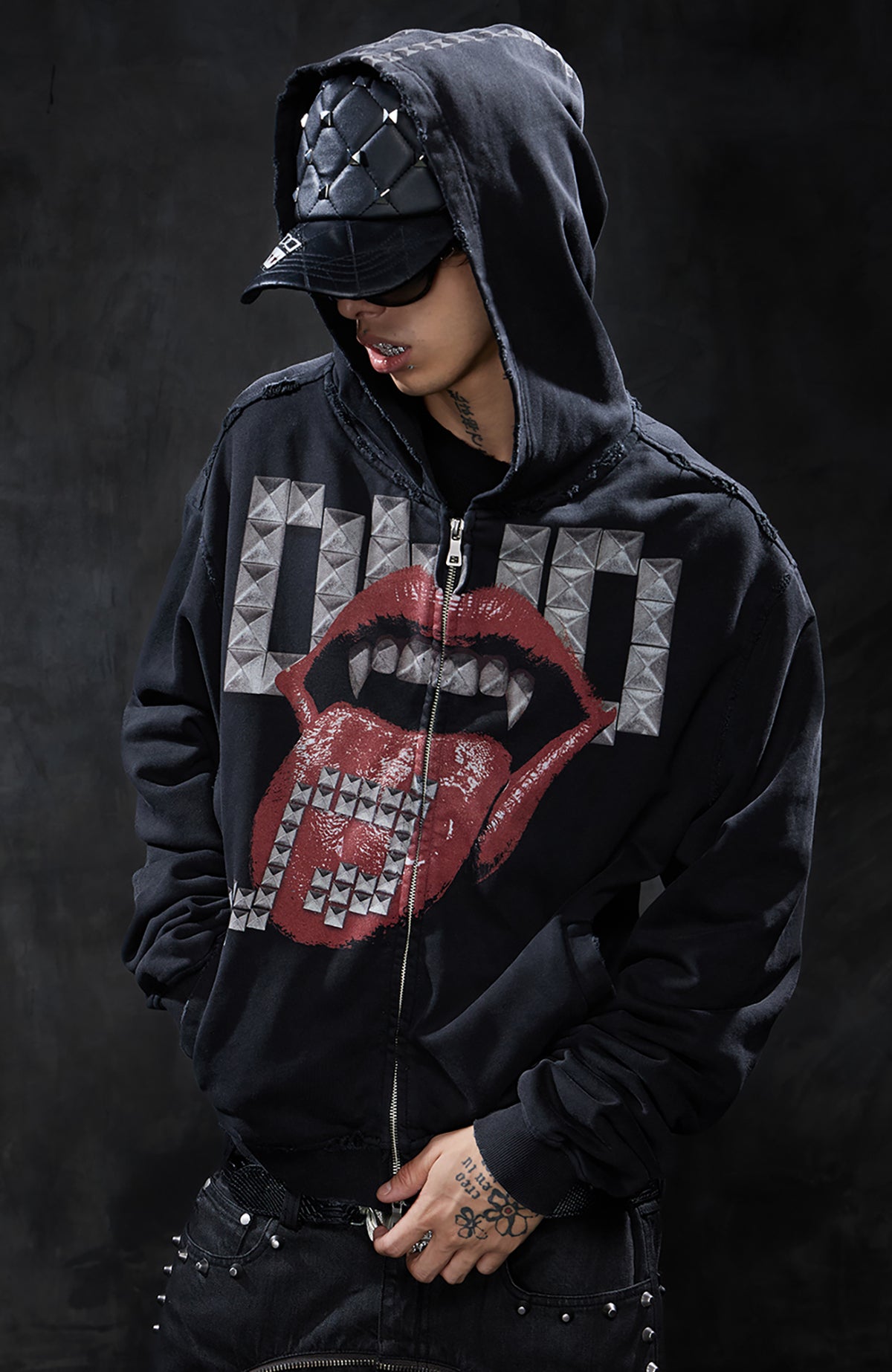DND4DES Studded Graphic Zip-Up Hoodie