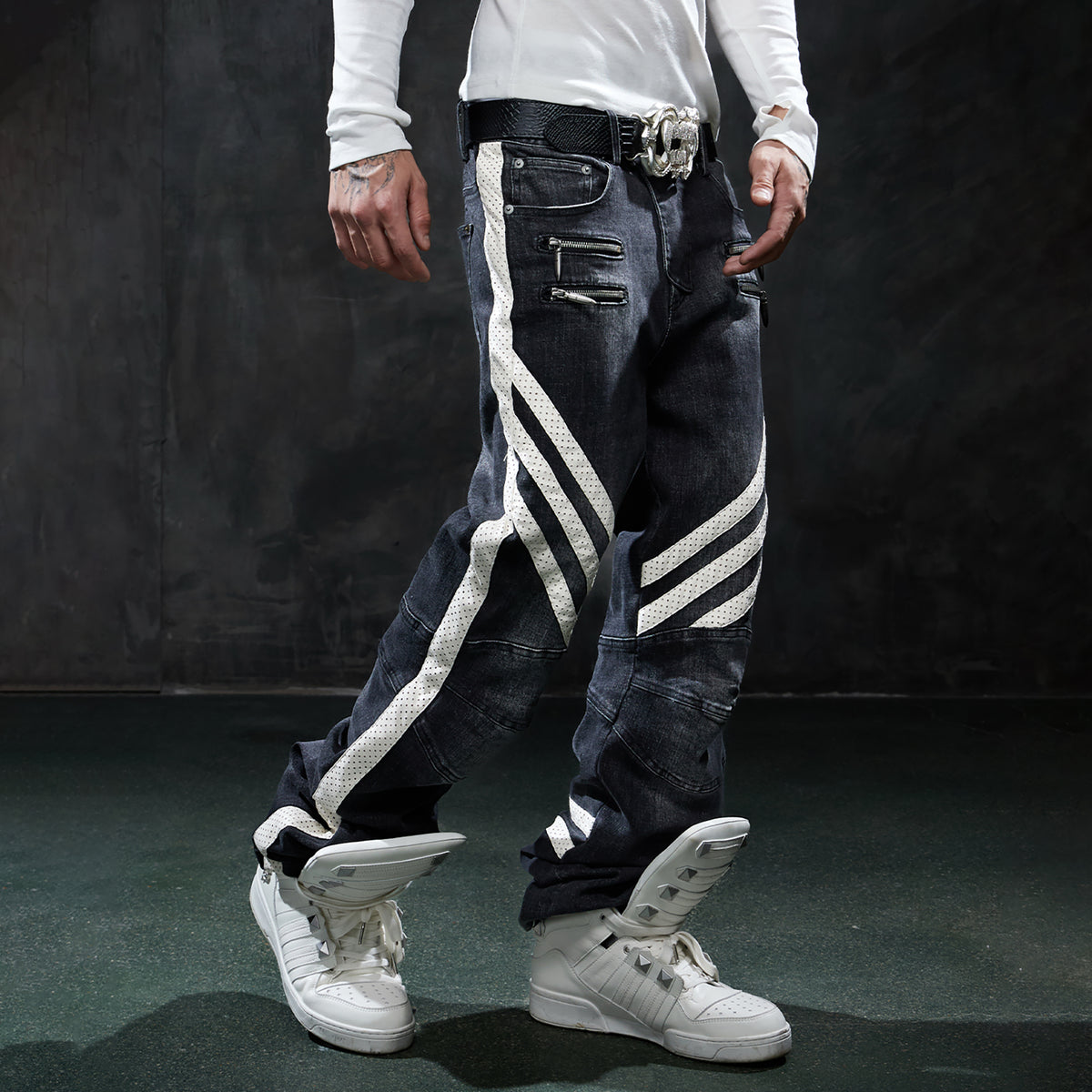 DND4DES Retro Washed Spliced Slim Moto Jeans