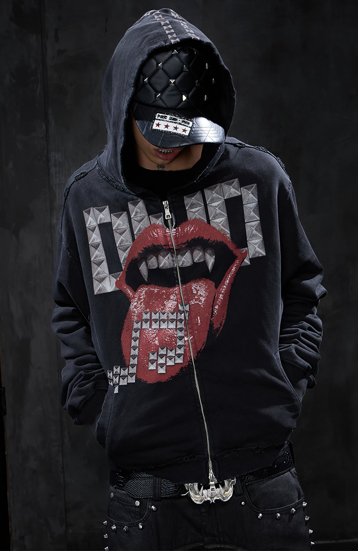 DND4DES Studded Graphic Zip-Up Hoodie