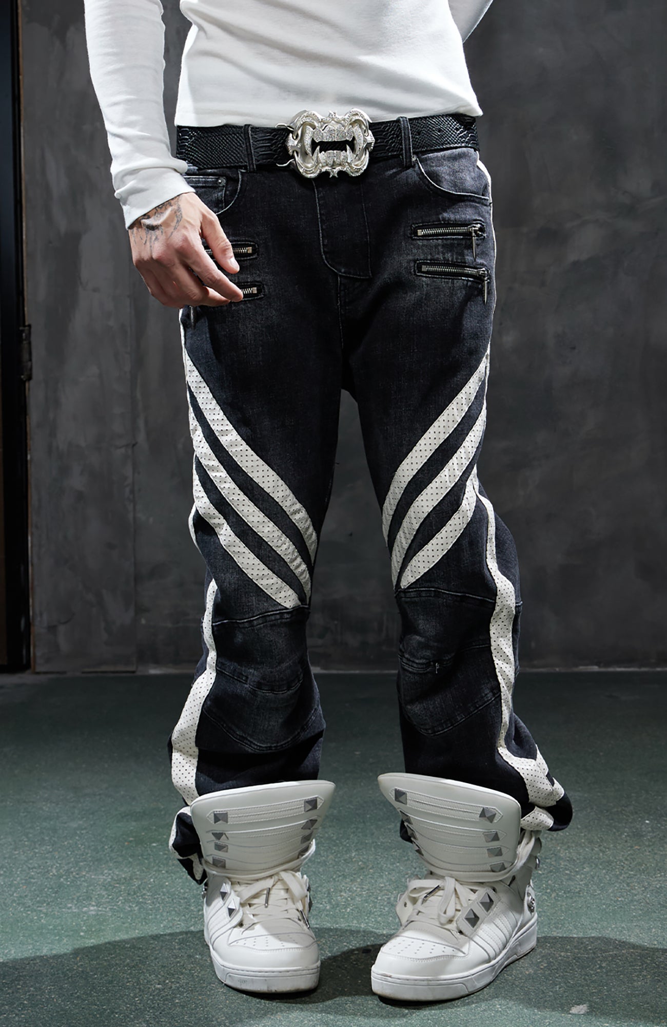 DND4DES Retro Washed Spliced Slim Moto Jeans