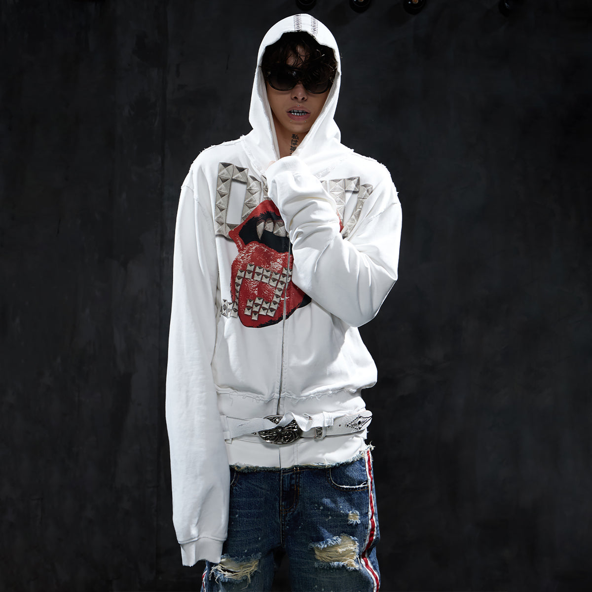 DND4DES Studded Graphic Zip-Up Hoodie