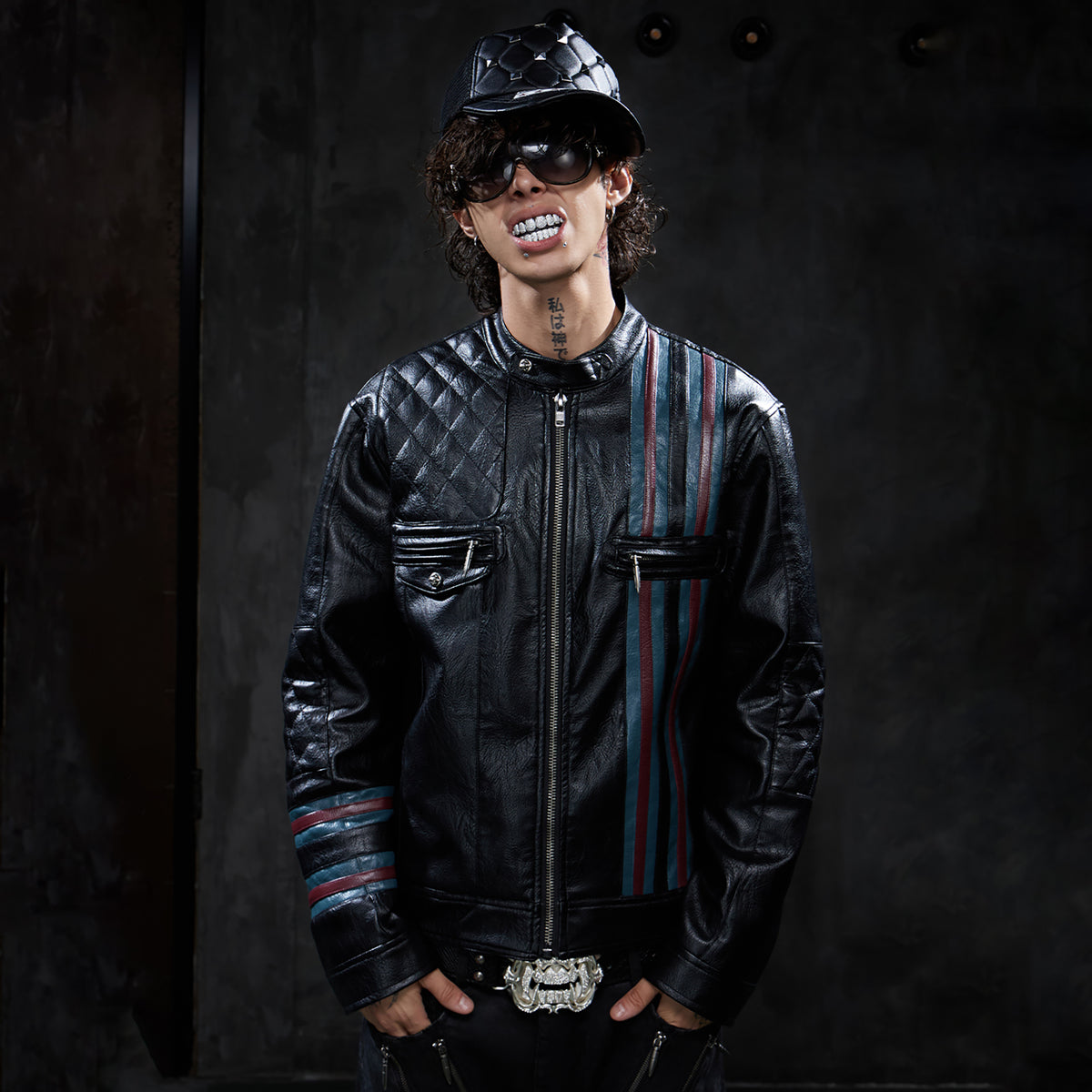 DND4DES Retro Quilted Patchwork Colorblock Biker Jacket