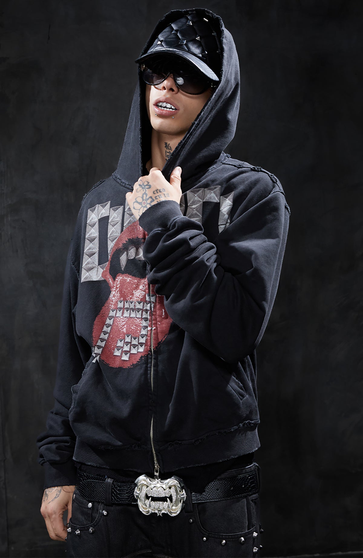 DND4DES Studded Graphic Zip-Up Hoodie