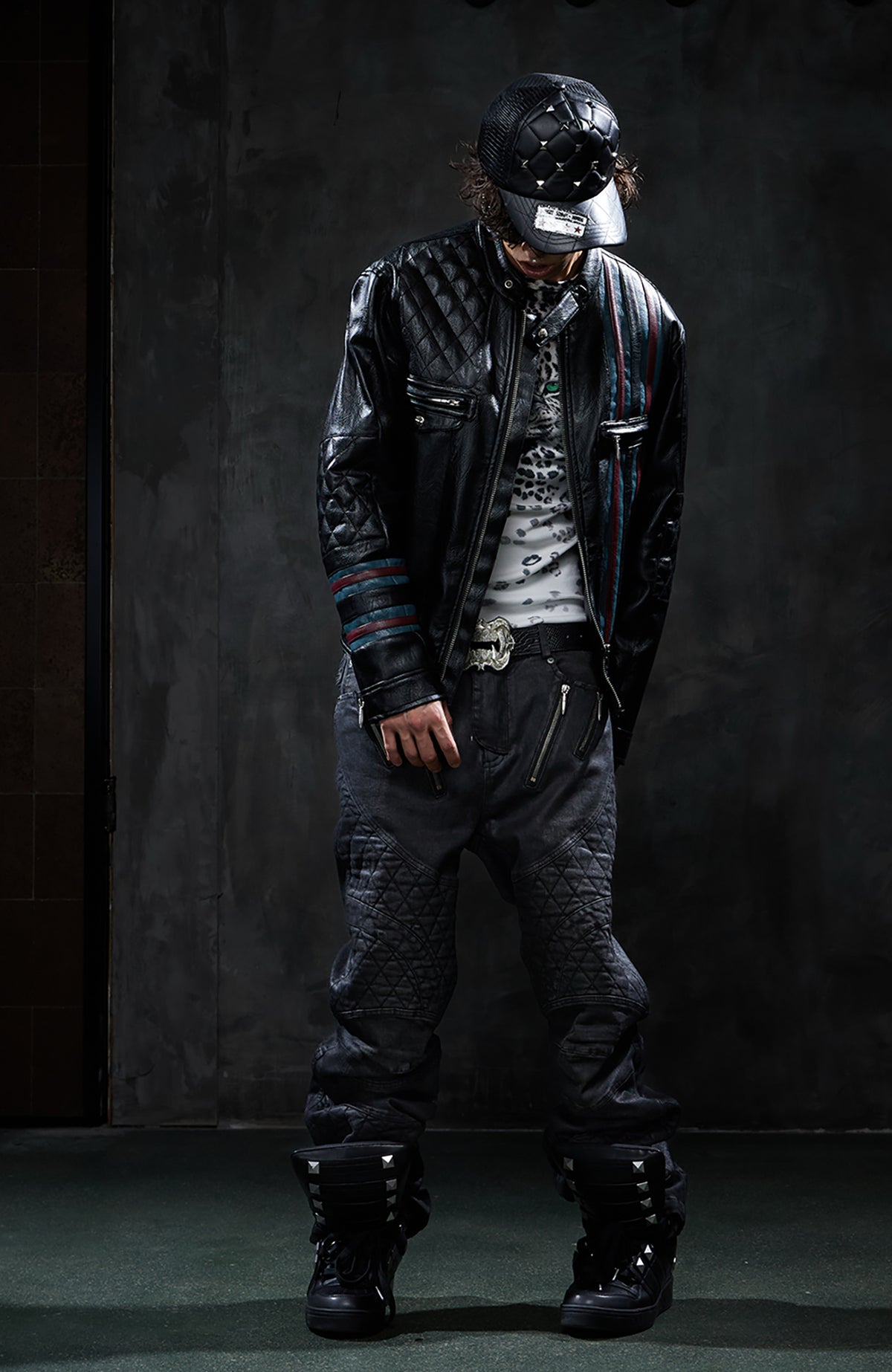 DND4DES Retro Quilted Patchwork Colorblock Biker Jacket