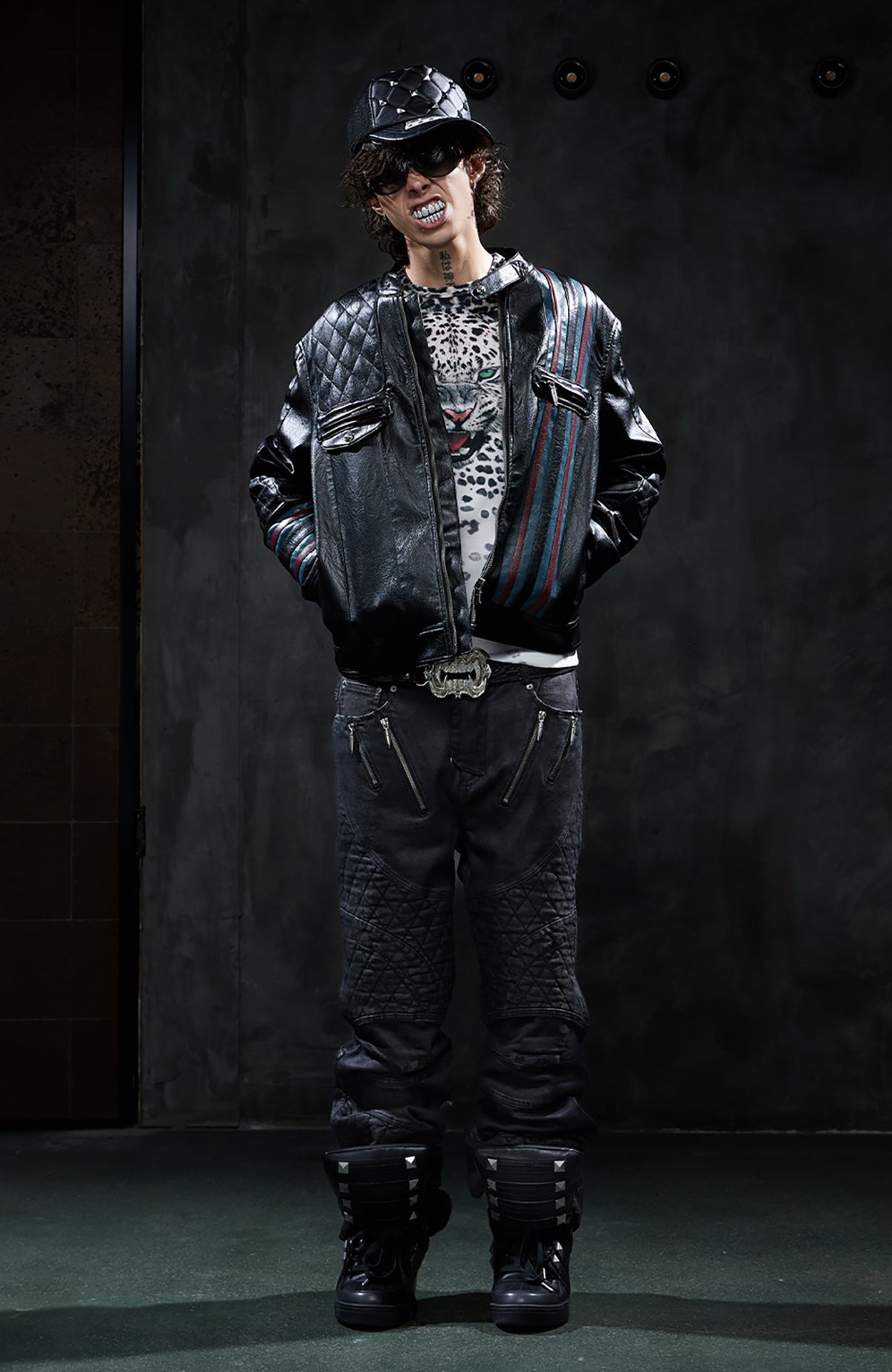 DND4DES Retro Quilted Patchwork Colorblock Biker Jacket