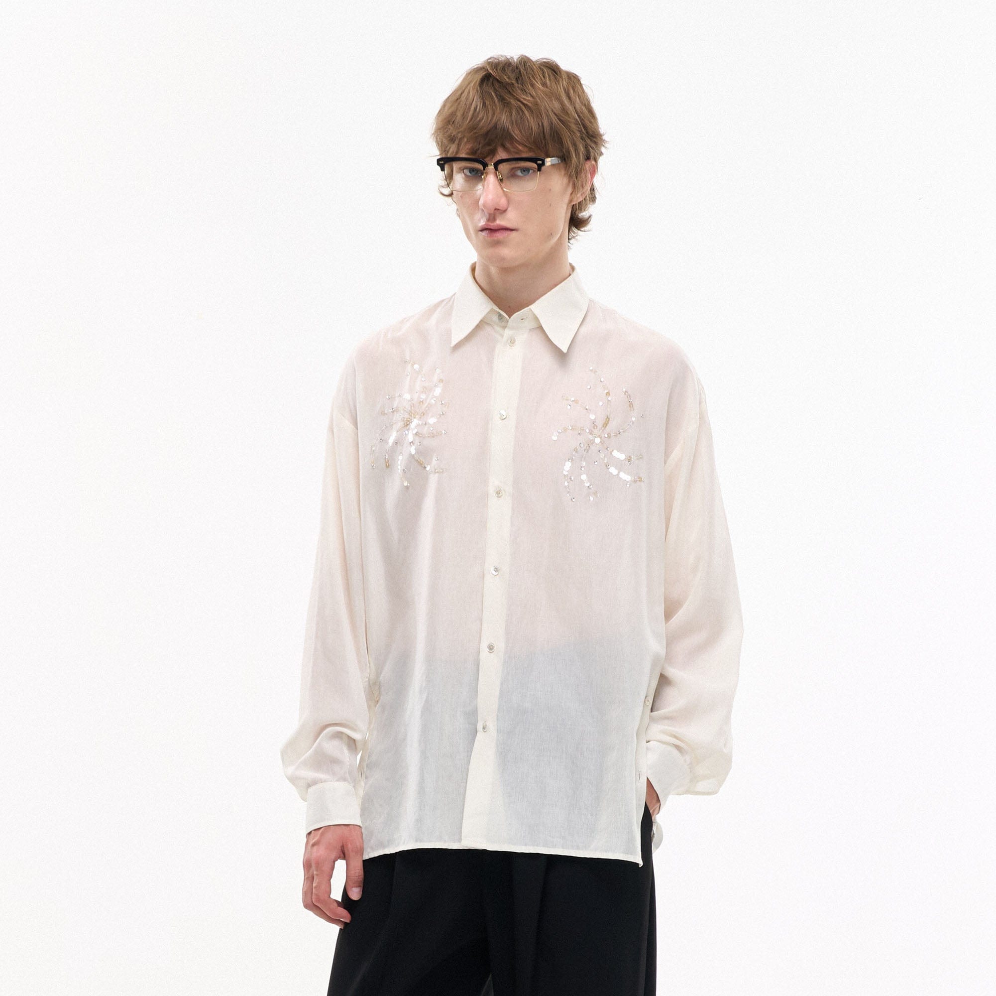 LEONSENSE Firework Embroidered Sequin Sheer Tencel Shirt, premium urban and streetwear designers apparel on PROJECTISR.com, LEONSENSE
