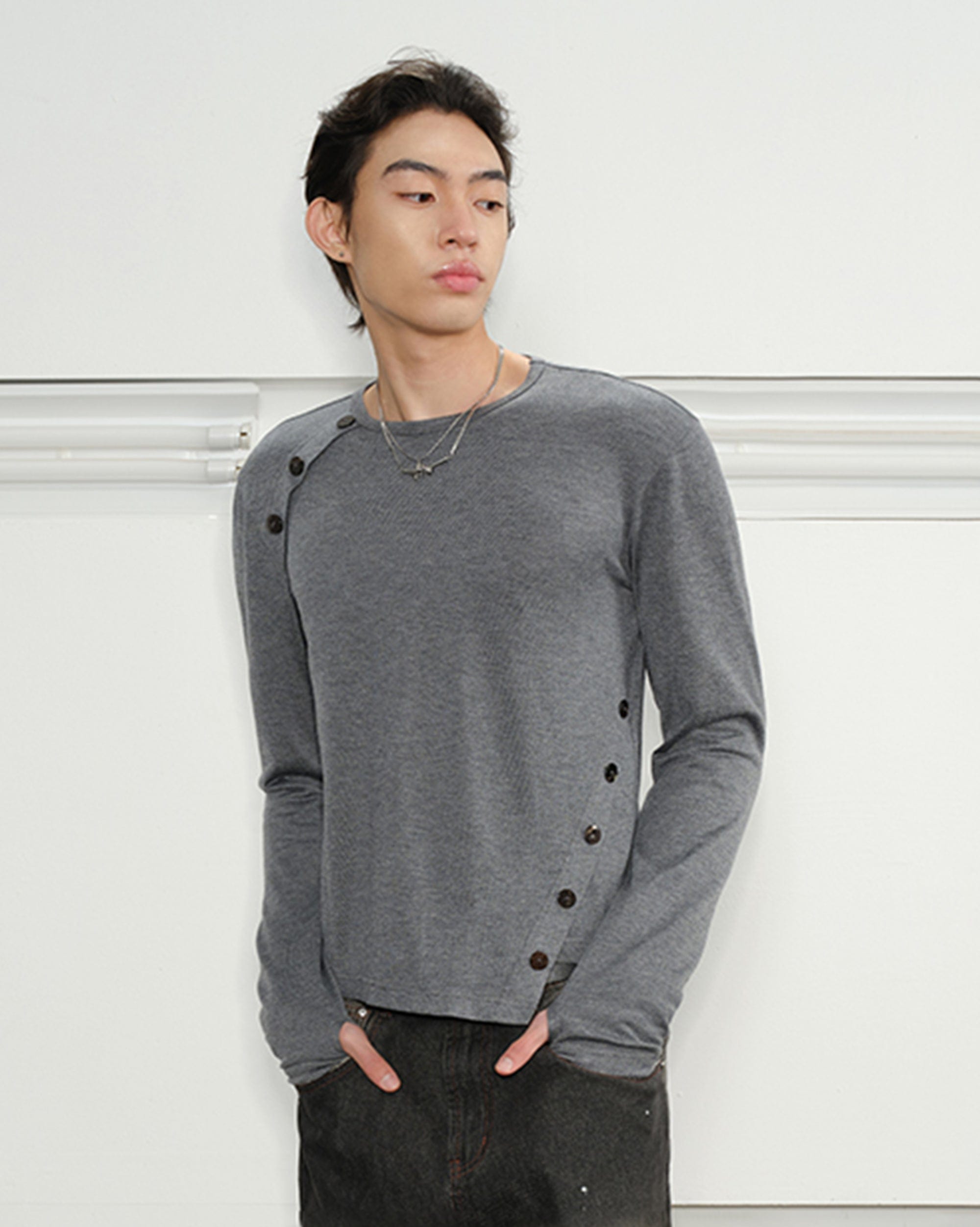 KREATE Deconstructed Asymmetrical Buttoned Long-Sleeve Tee