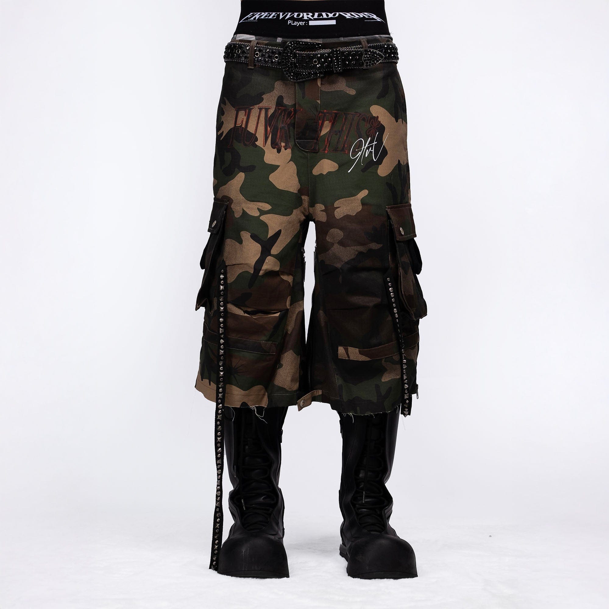 FVVO Distressed Rivet Strap Cargo Shorts Camo, premium urban and streetwear designers apparel on PROJECTISR.com, FVVO