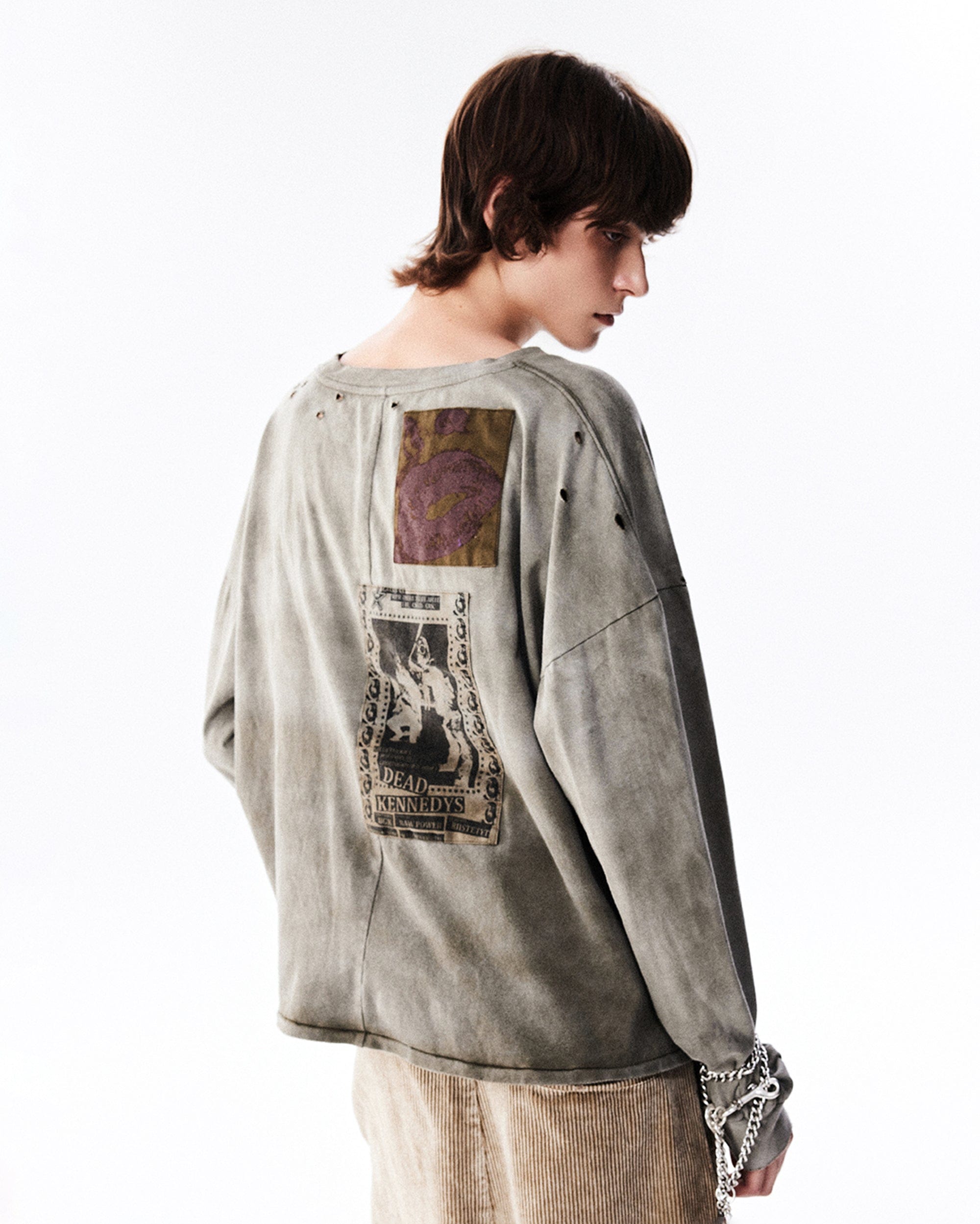 RICHILL Patchwork Ripped Washed Long-Sleeve Tee