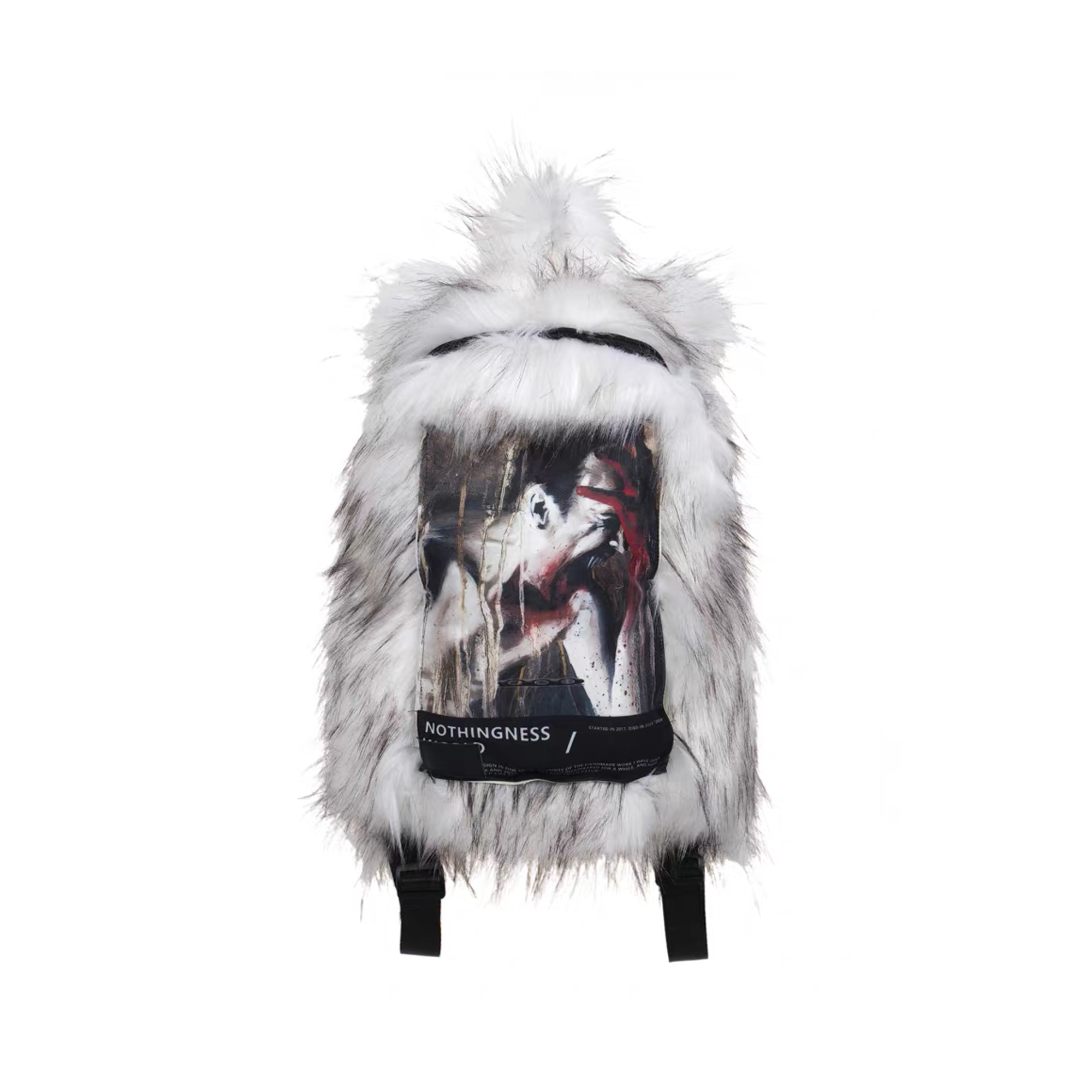 NOTHINGNESS WORLD Shaggy Faux Fur Graphic-Patch Backpack, premium urban and streetwear designers apparel on PROJECTISR.com, NOTHINGNESS WORLD