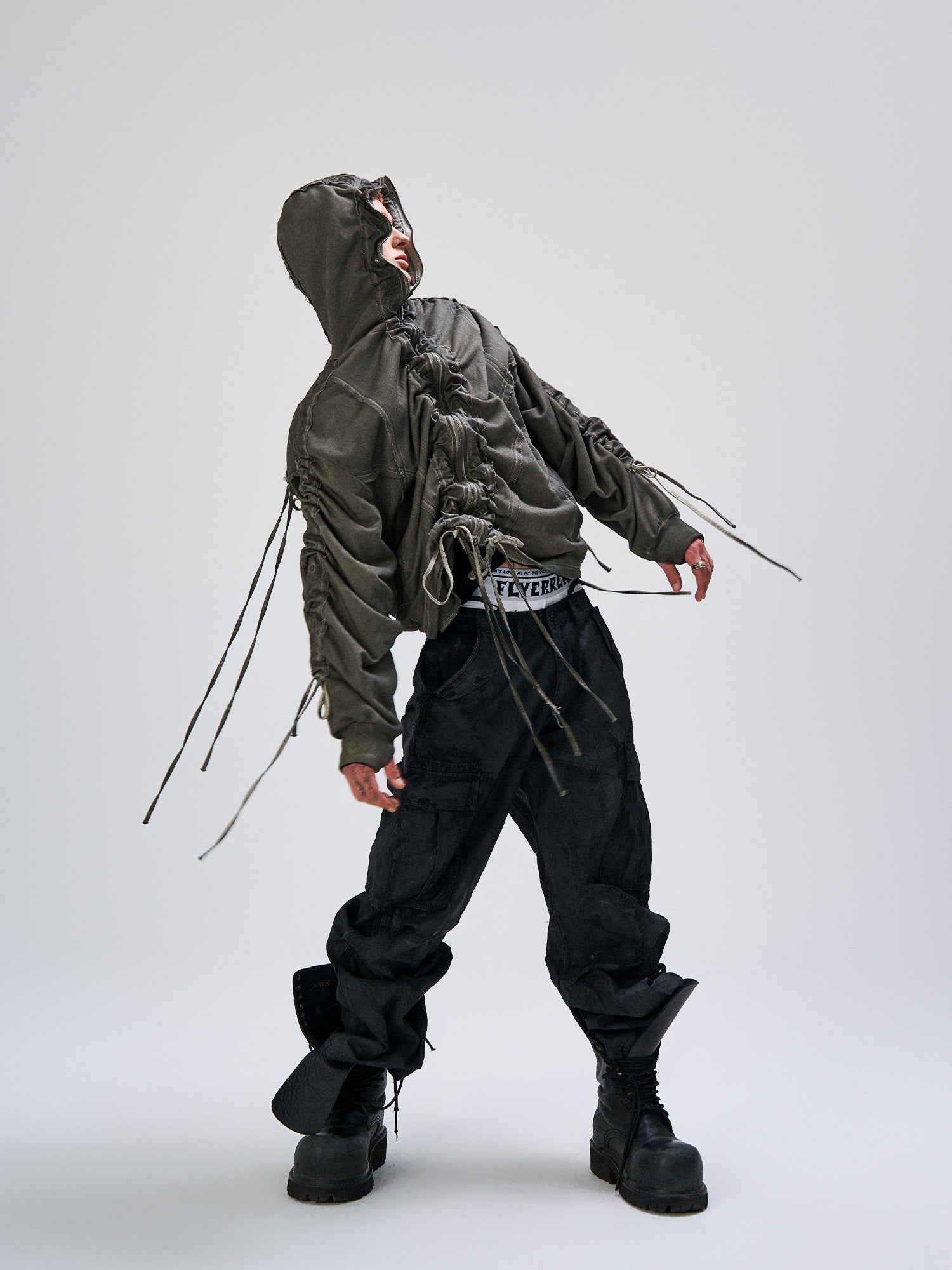 FLYERRER Distressed Drawstring Ruched Hooded Jacket, premium urban and streetwear designers apparel on PROJECTISR.com, FLYERRER