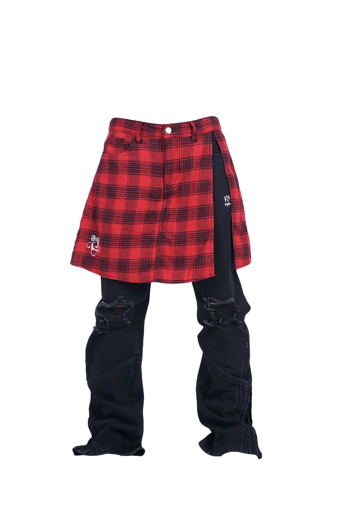VINKID Plaid Skirt Overlay Ripped Jeans, premium urban and streetwear designers apparel on PROJECTISR.com, VINKID