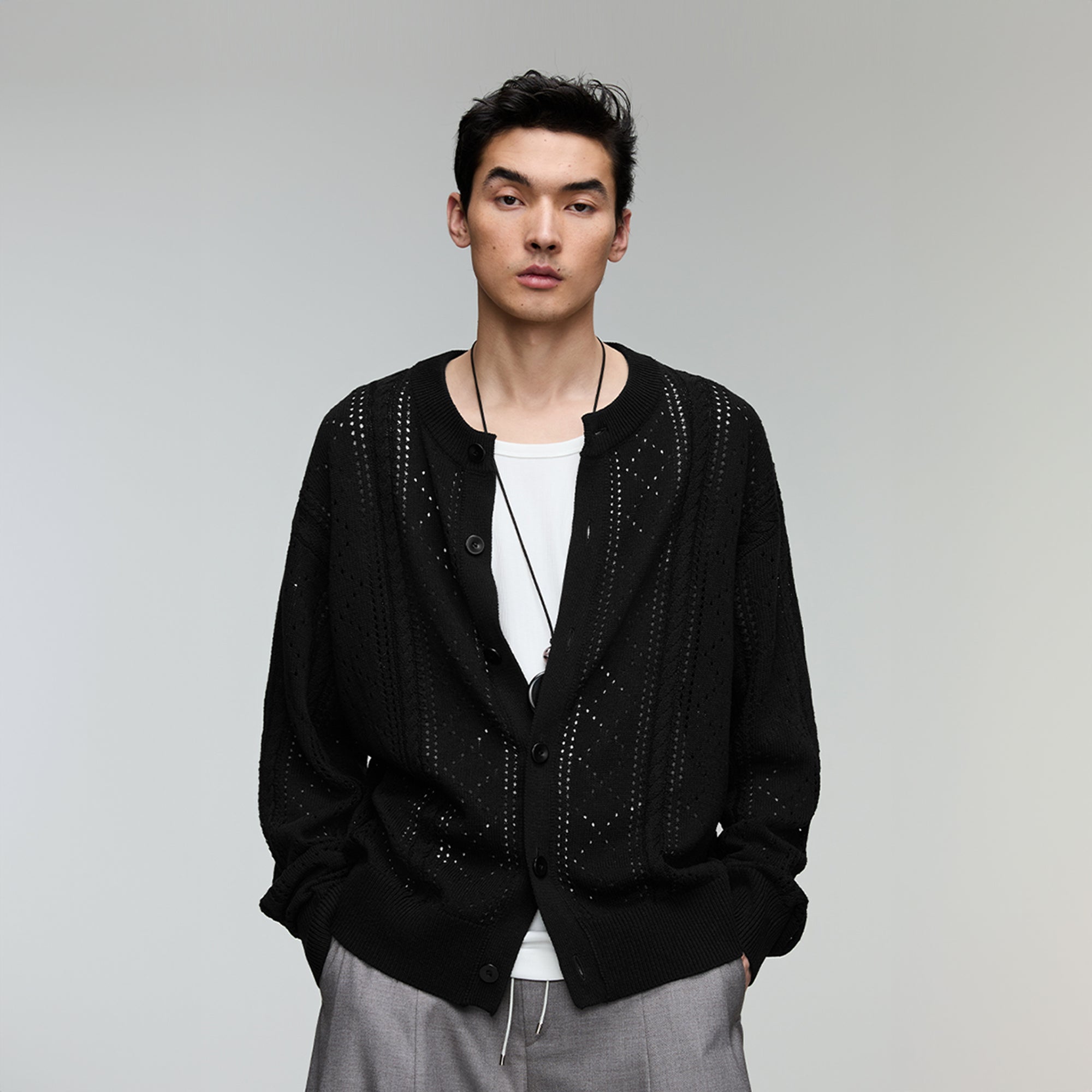 OPICLOTH Eyelet Knit Button-Up Cardigan